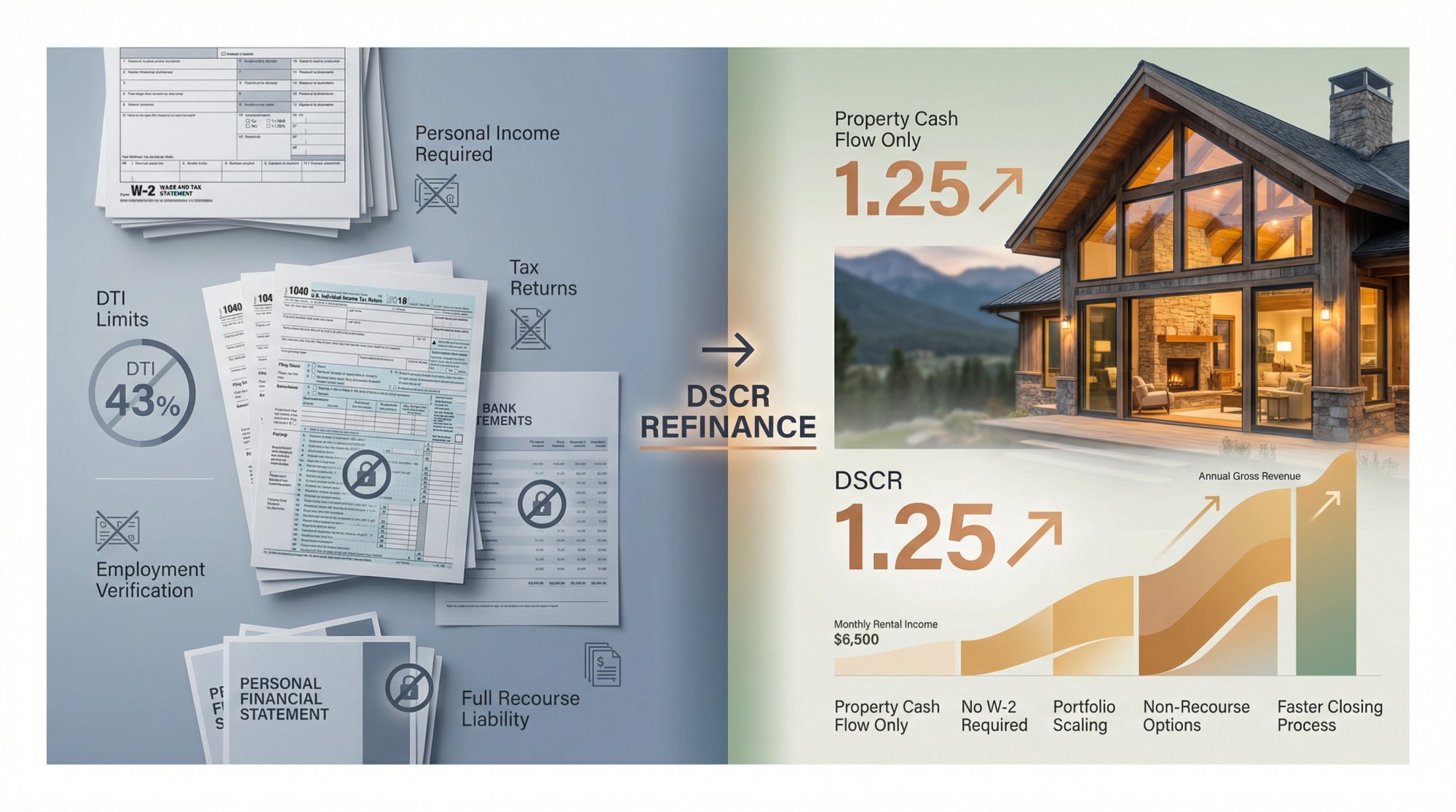 Visual comparison showing traditional mortgage constraints versus DSCR loan refinancing for Airbnb properties