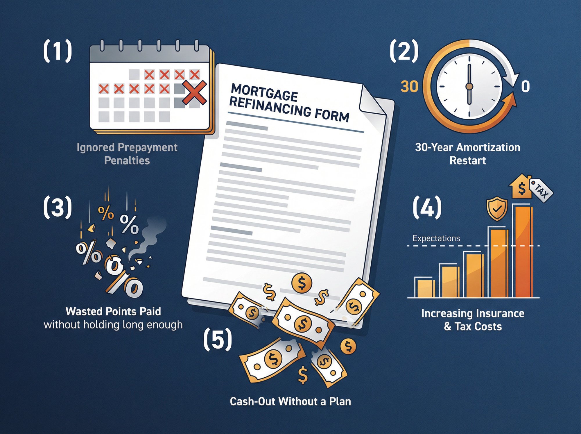 Modern editorial illustration showing five common refinancing pitfalls for STR investors with visual warning elements
