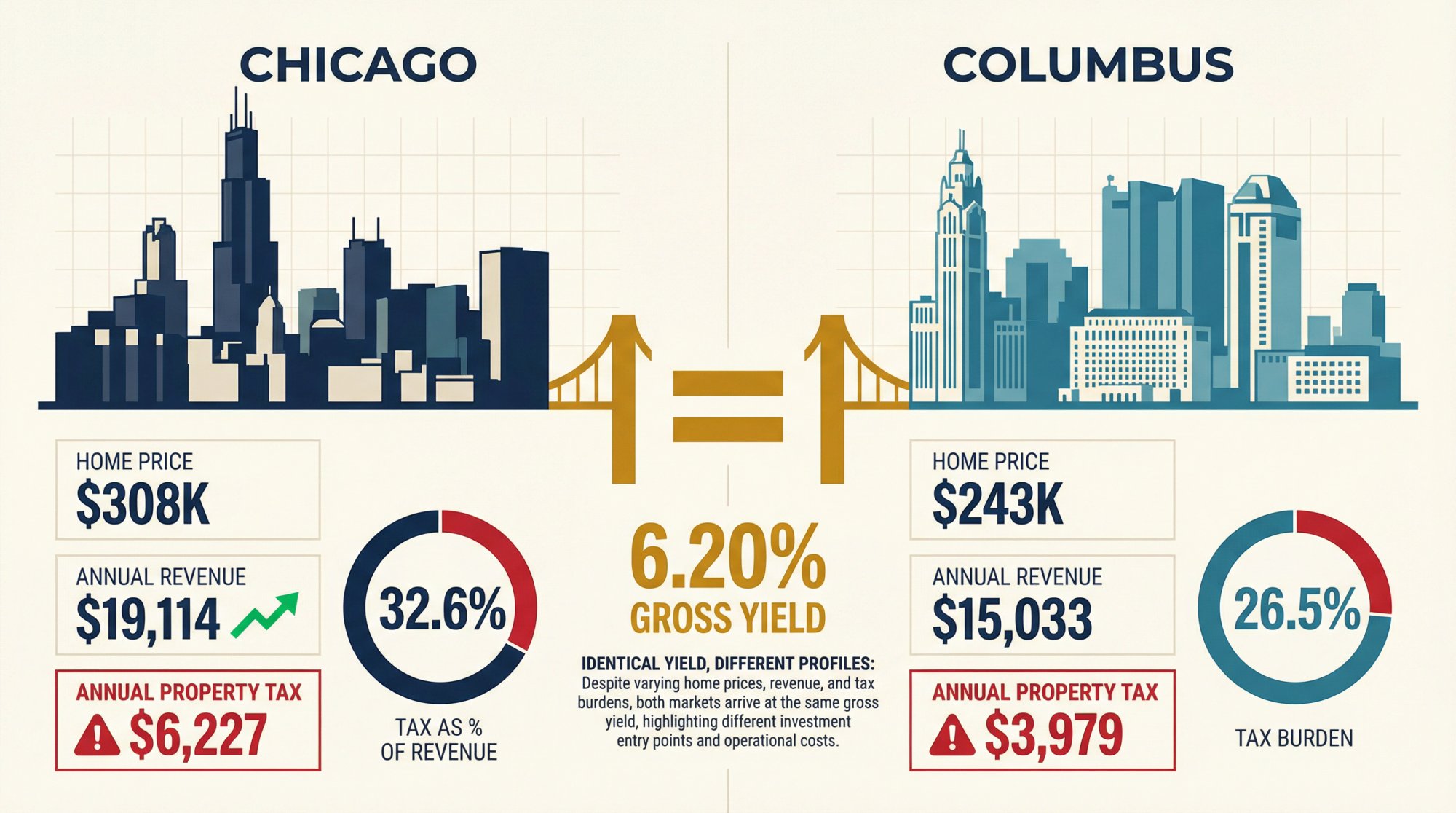 Chicago and Columbus Airbnb markets compared showing equal 6.20% yields despite different revenue and tax profiles