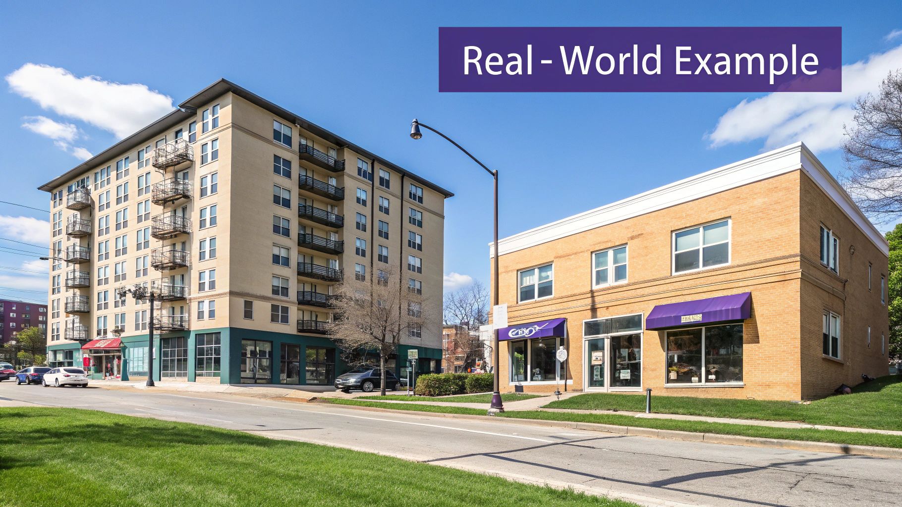 Two different types of real estate properties side-by-side, one a stable urban apartment and the other a commercial building in a developing area.