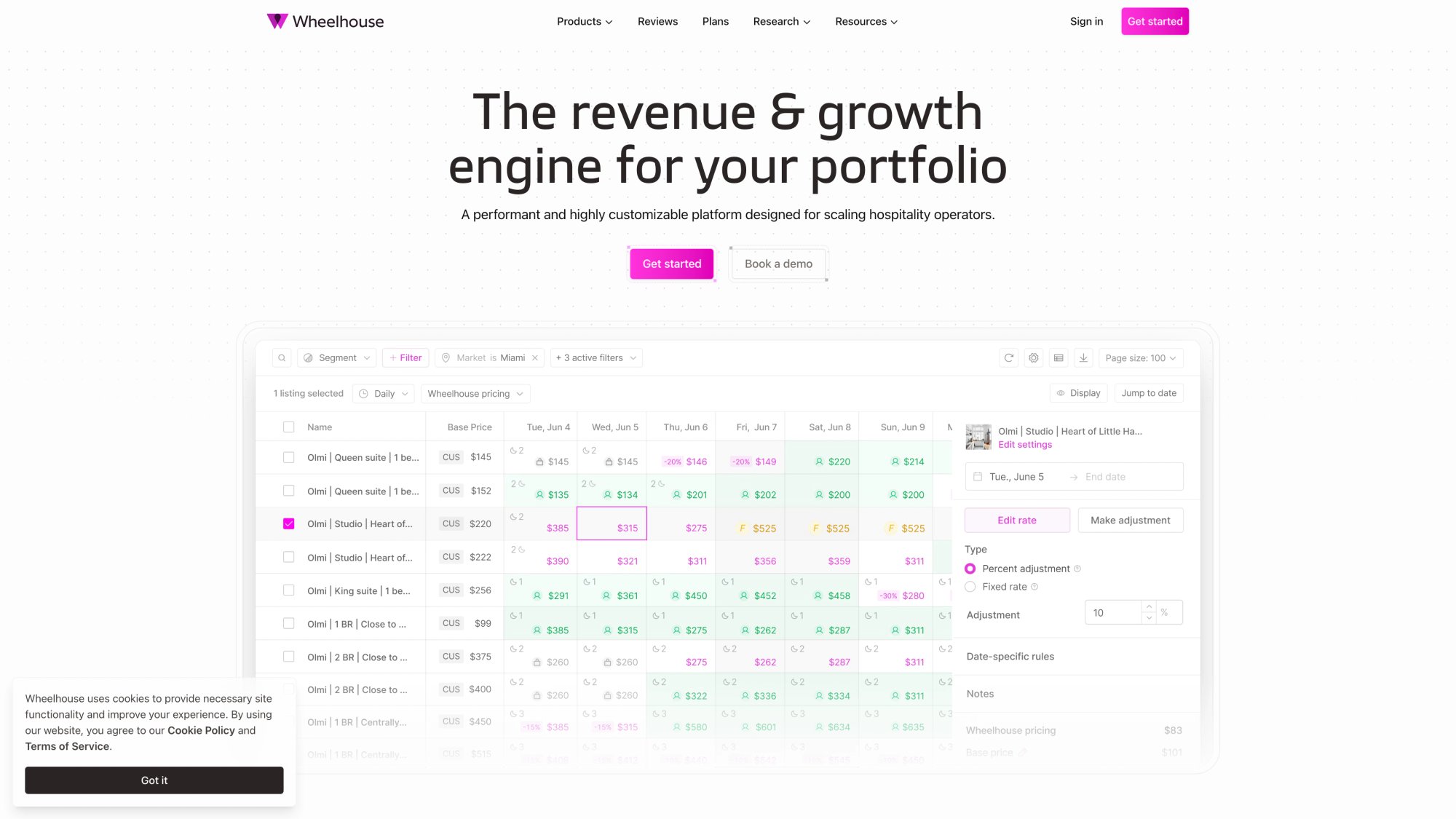 Wheelhouse pricing strategy homepage showing portfolio management interface and performance analytics for short-term rentals