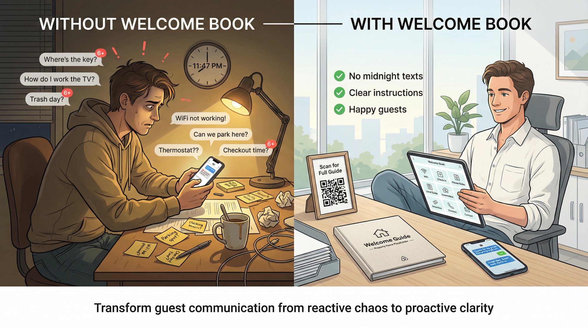 Before and after comparison showing Airbnb host stress without welcome book versus calm operations with one