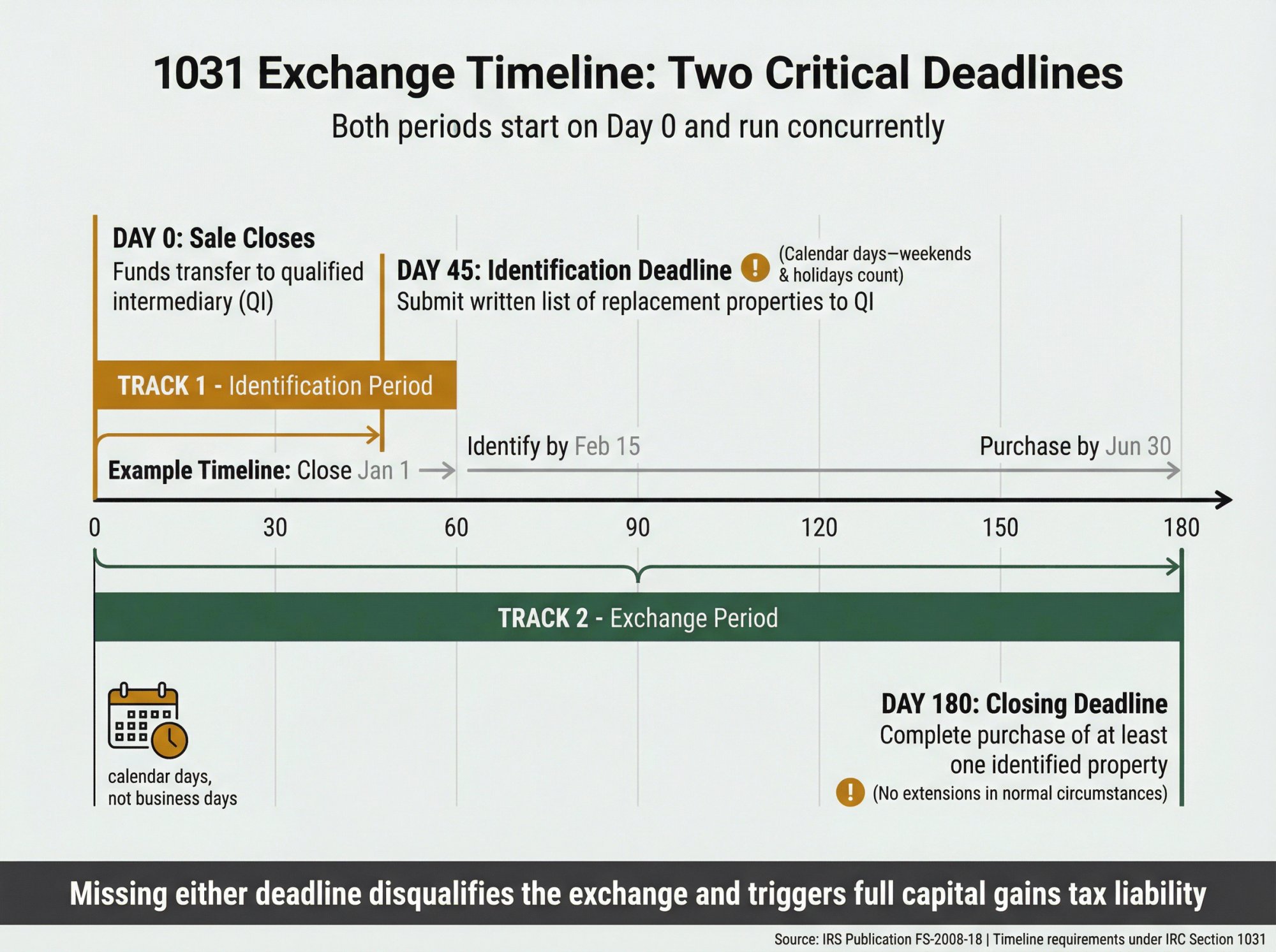 Visual timeline showing 1031 exchange 45-day identification and 180-day closing deadlines running concurrently from Day 0