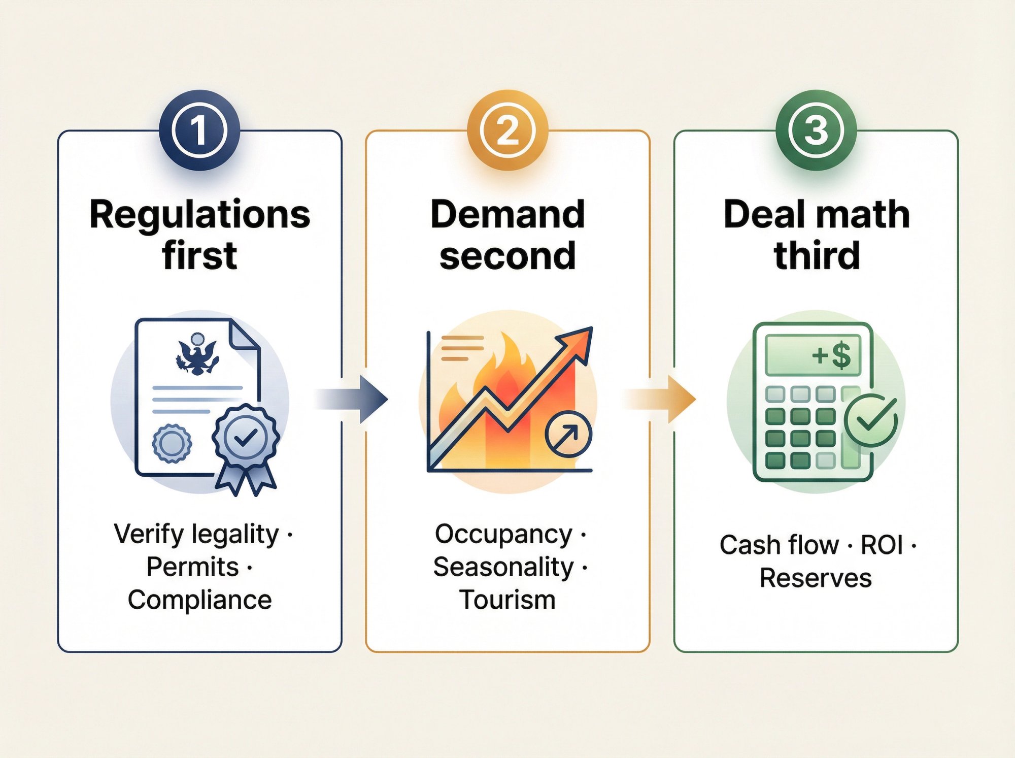 Three-step market selection priority framework showing regulations first, demand second, and deal math third for Airbnb investors