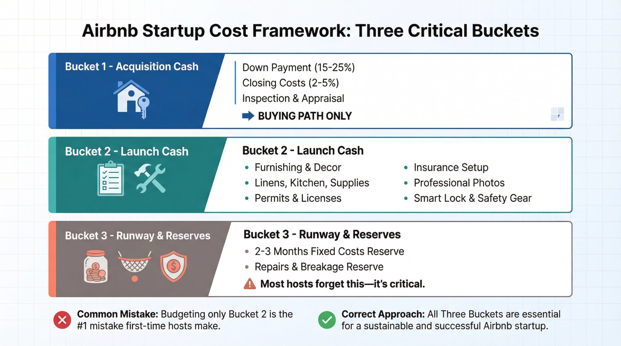 Three-bucket Airbnb startup cost framework: Acquisition Cash (down payment and closing), Launch Cash (furnishing, permits, insurance, photos), and Runway Reserves (operating buffer and repairs)