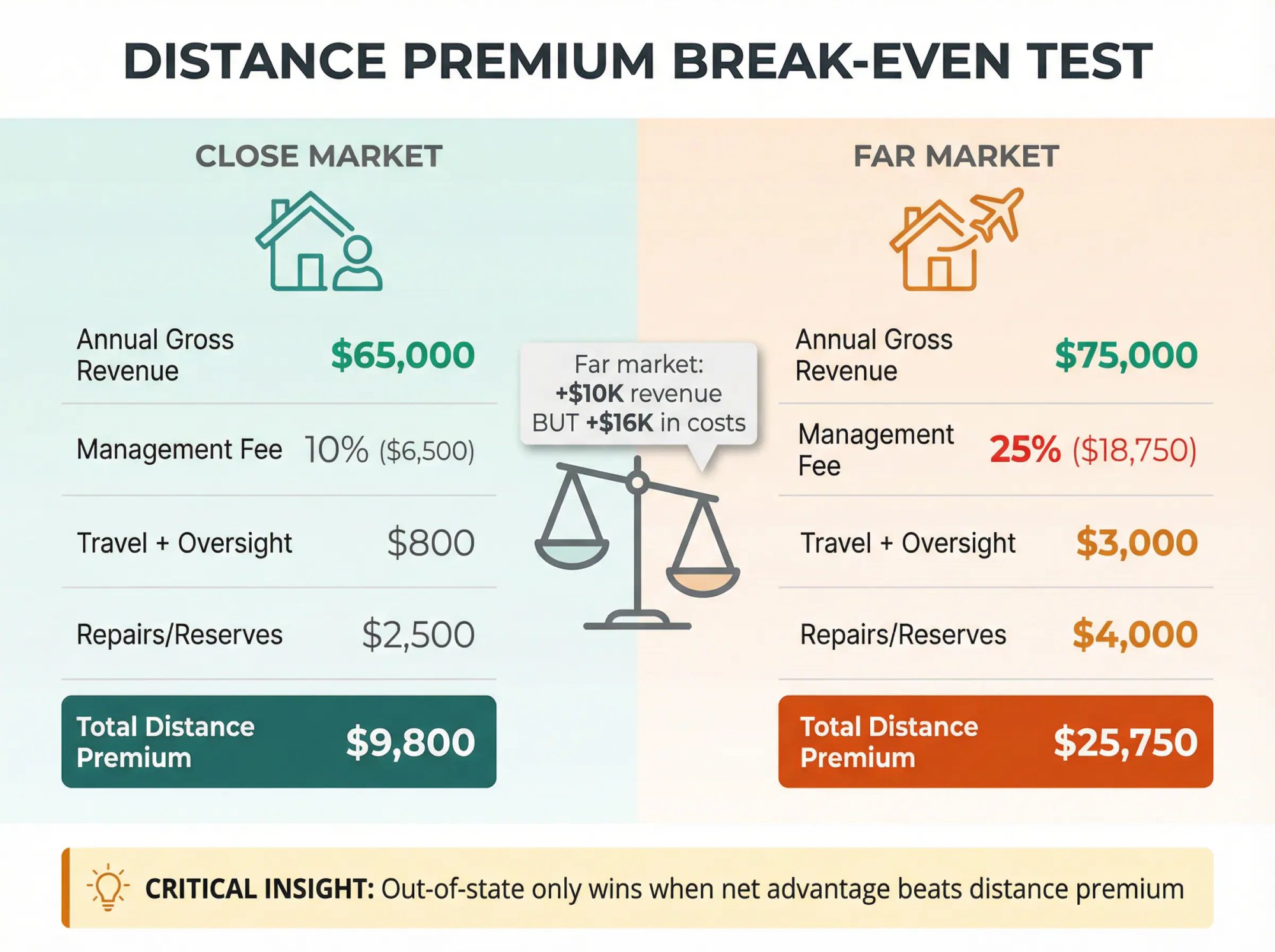 Side-by-side financial comparison showing close market vs far market Airbnb costs with distance premium breakdown