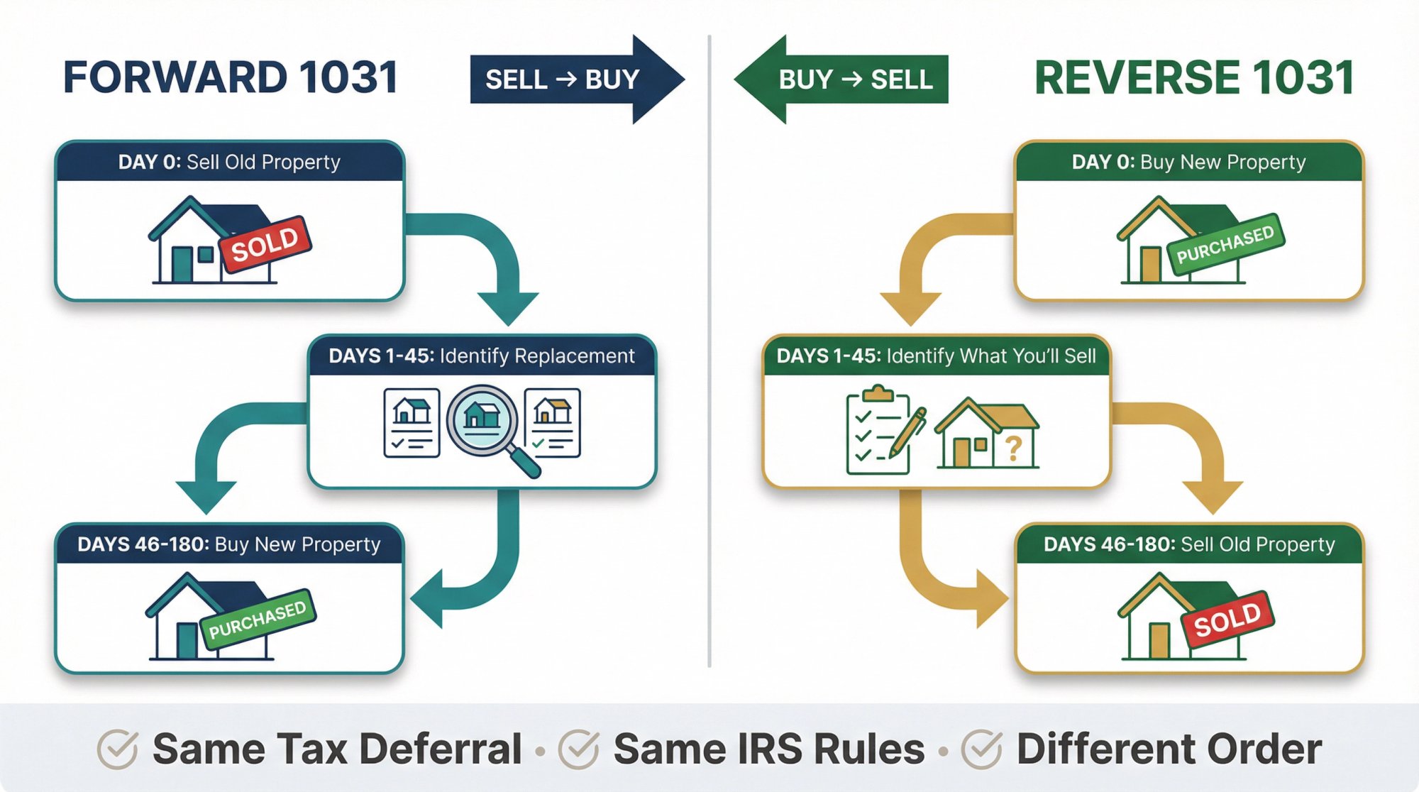 Side-by-side comparison of forward vs reverse 1031 exchange timelines showing the flipped sequence of buy and sell