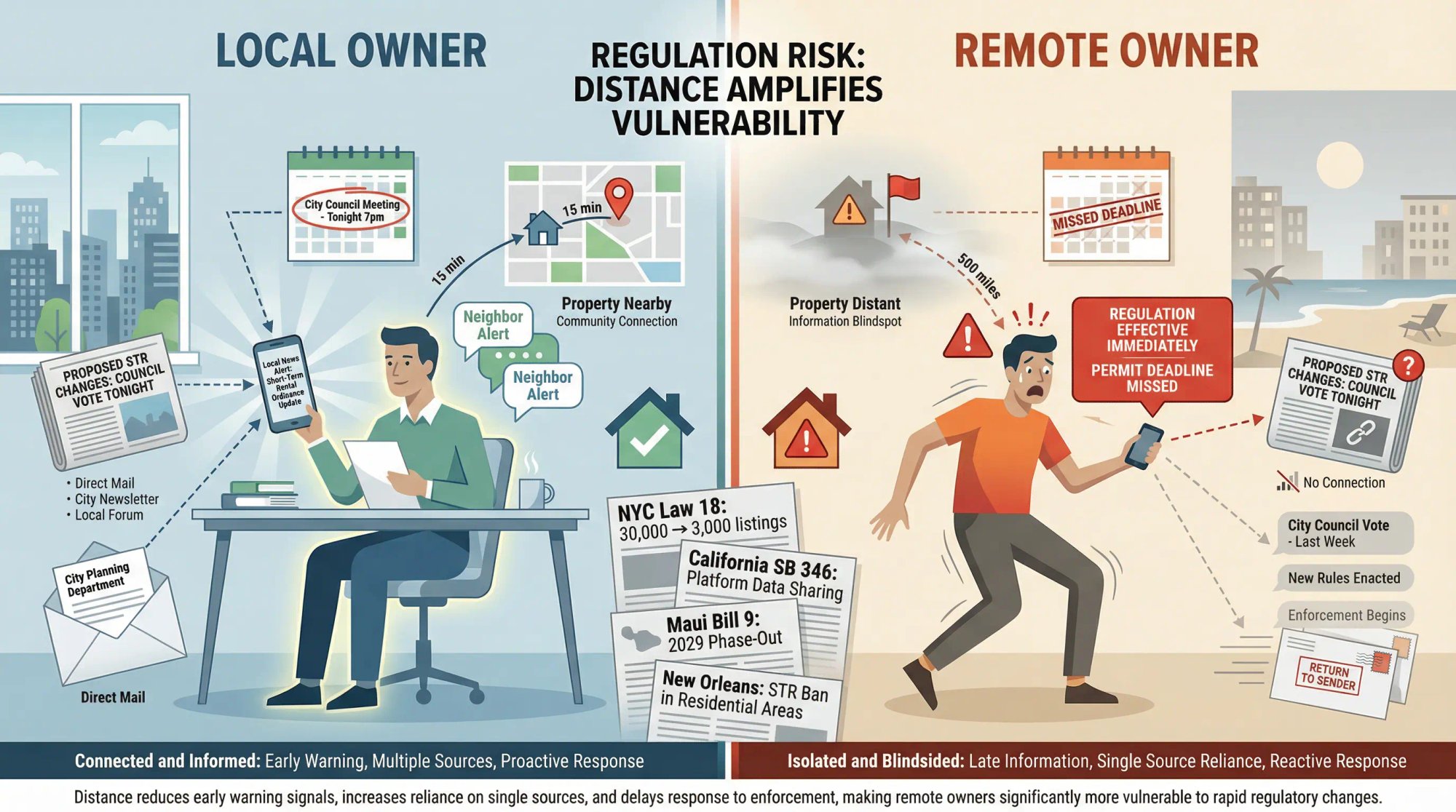 Split illustration showing local vs remote Airbnb owners responding to sudden regulation changes, highlighting information gaps and vulnerability