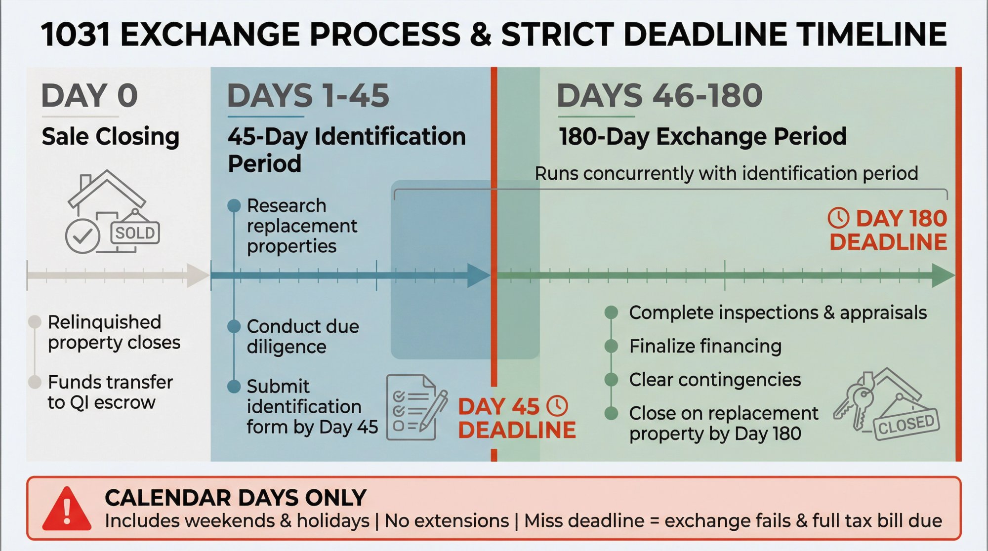 1031 exchange timeline showing 45-day identification period and 180-day closing deadline from Day 0 sale closing