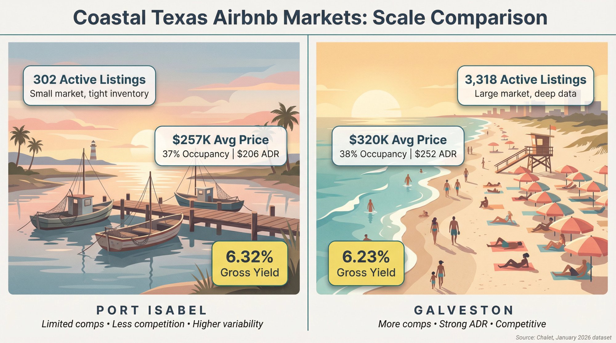 Side-by-side comparison of Port Isabel's small market (302 listings) versus Galveston's large market (3,318 listings) for Texas Airbnb investors