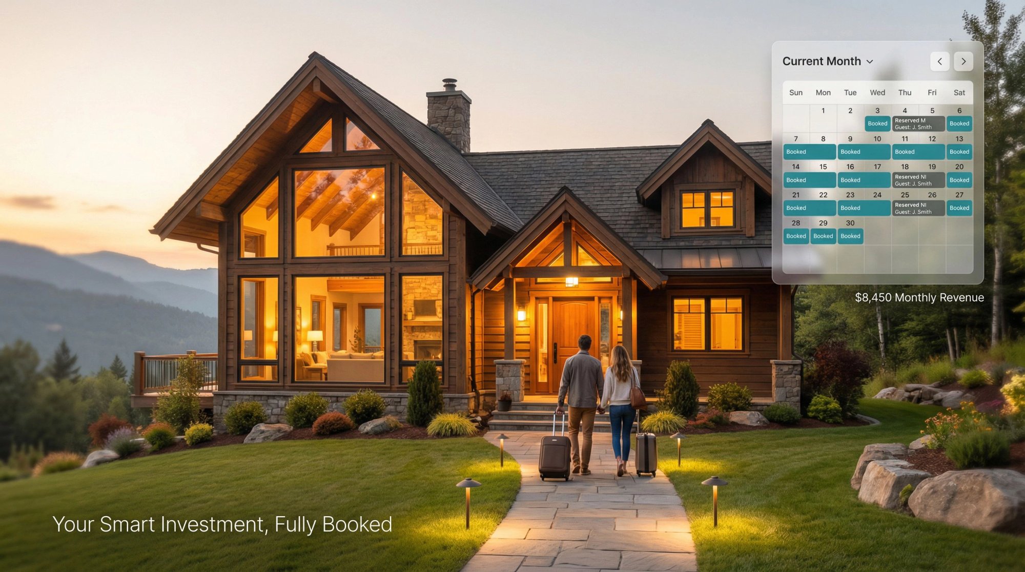 Beautiful vacation rental property at golden hour with warm interior lighting, welcoming entrance, and digital calendar overlay showing fully booked nights