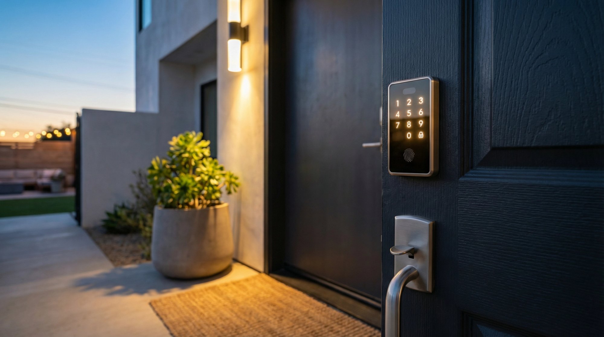 Premium smart lock with illuminated keypad installed on Airbnb rental entrance at dusk