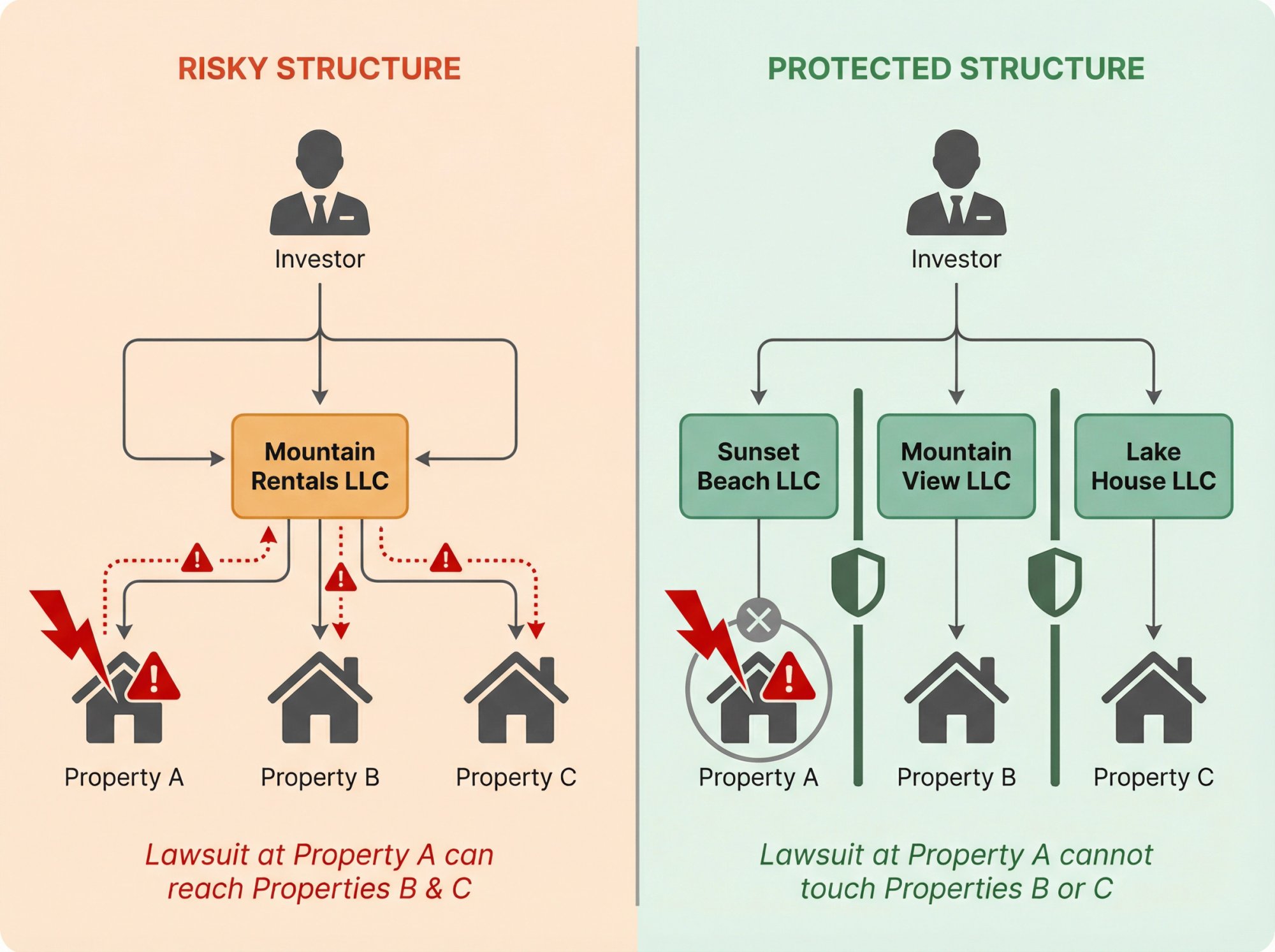 Comparison diagram showing single LLC with multiple properties versus separate LLCs for liability compartmentalization