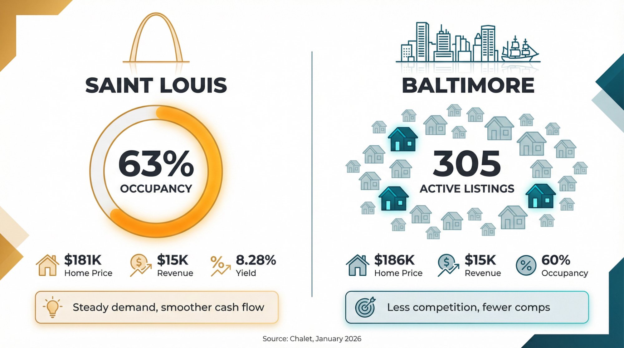 Saint Louis and Baltimore Airbnb market comparison highlighting occupancy stability and low competition advantages