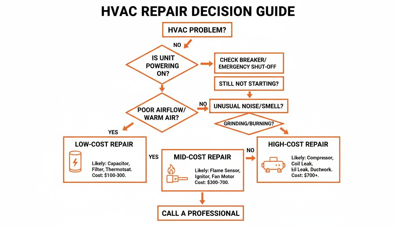 An HVAC repair decision guide flowchart showing troubleshooting steps and estimated costs for low, mid, and high-cost repairs.