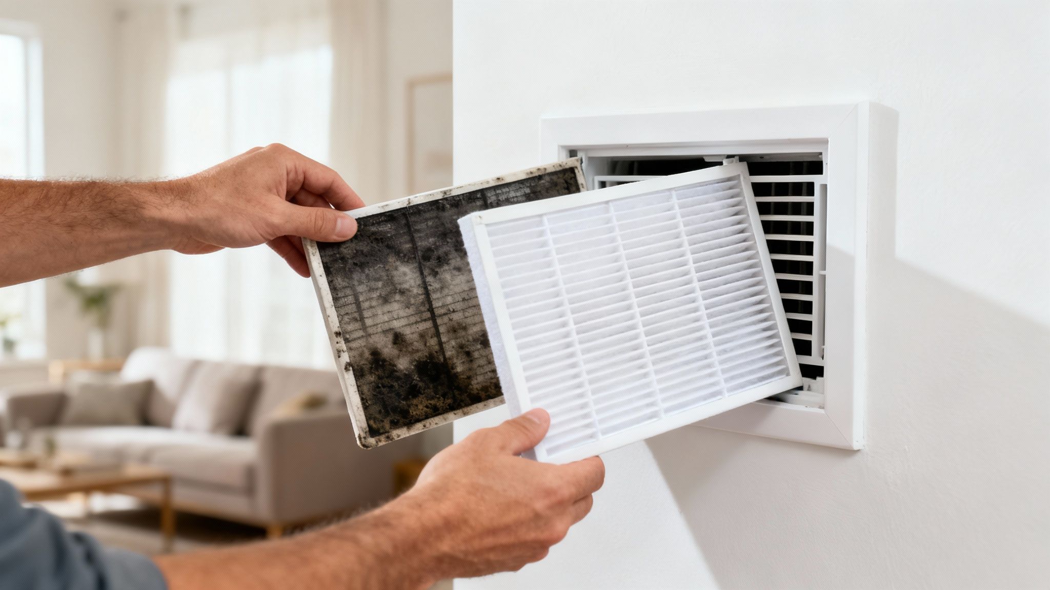 A person's hands hold a very dirty air filter next to a brand new, clean filter near an AC vent.