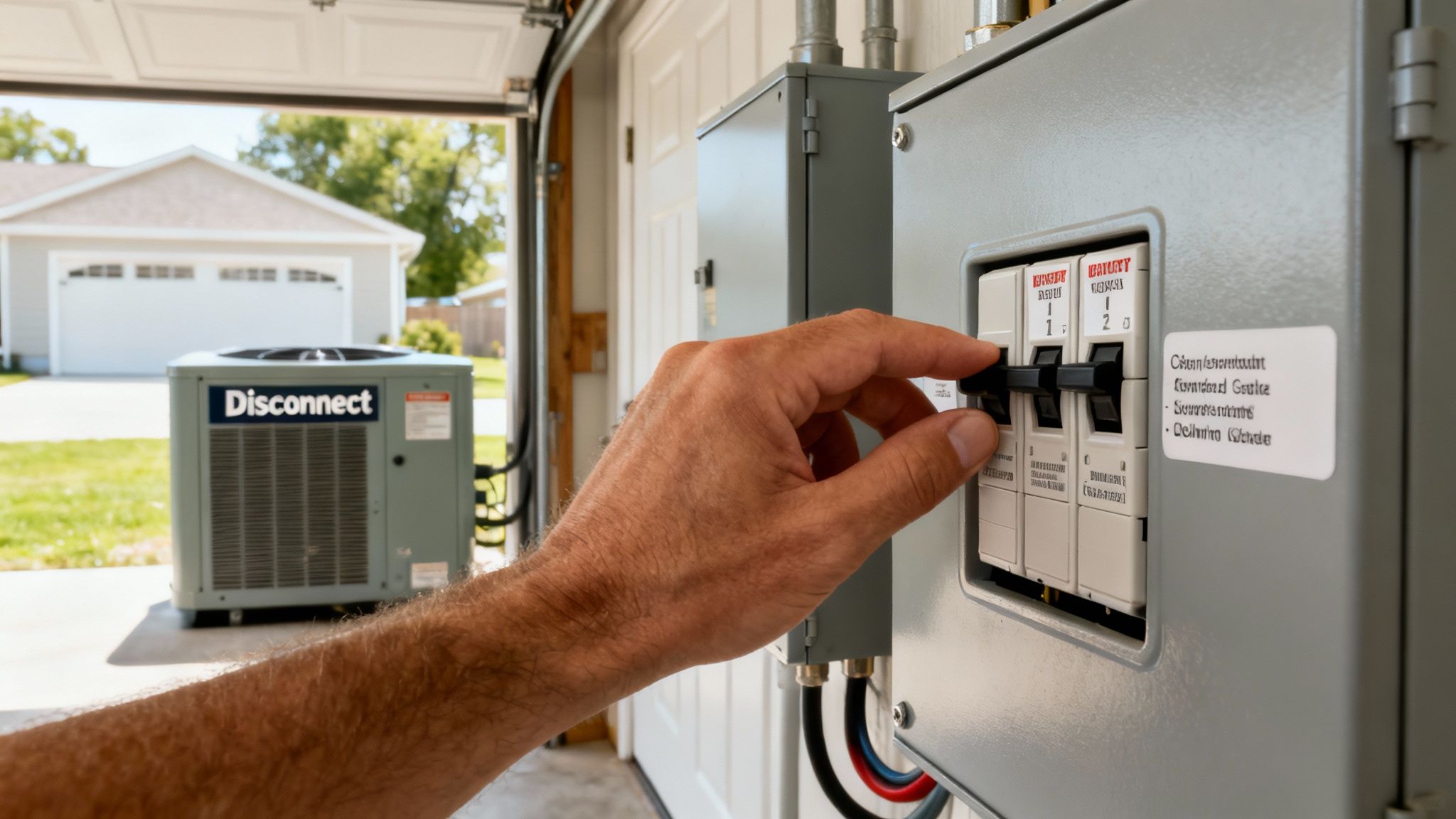 A hand flips a circuit breaker off in a fuse box, with an outdoor AC unit visible.