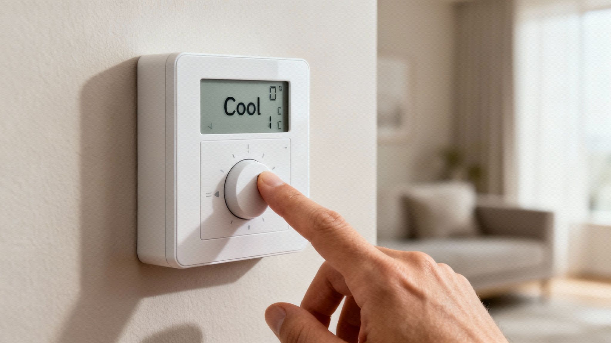 A hand adjusts a white wall thermostat to 'Cool' the room, visible in a modern home.