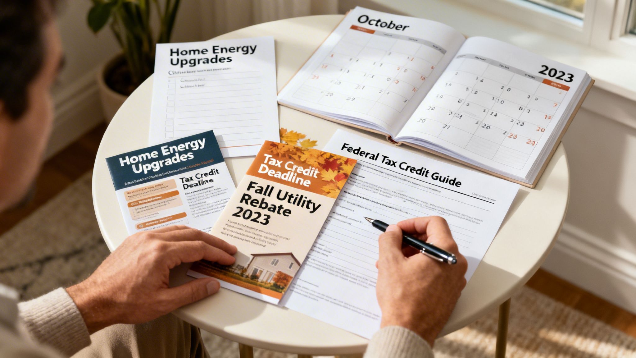 A person's hands review documents on home energy upgrades, tax credits, and utility rebates.
