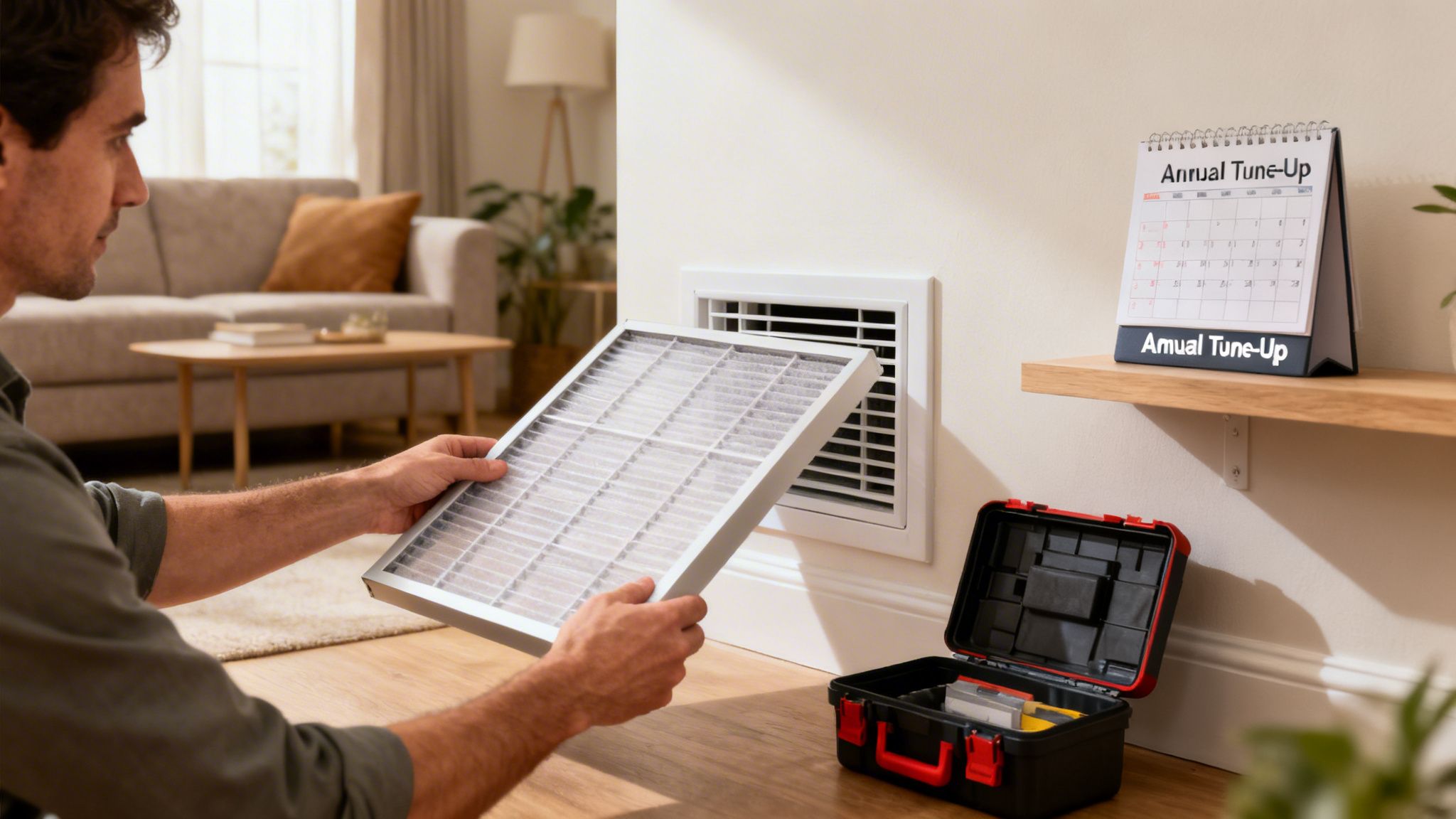 Man replacing a dirty HVAC air filter in a living room, next to an 'Annual Tune-Up' calendar.
