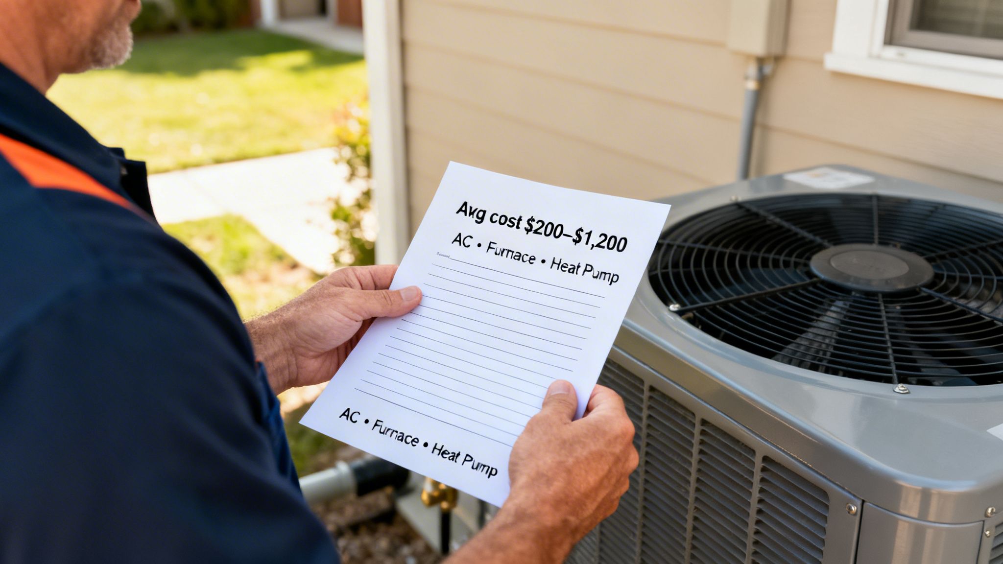 A service technician holds a document with HVAC repair cost estimates near an outdoor AC unit.