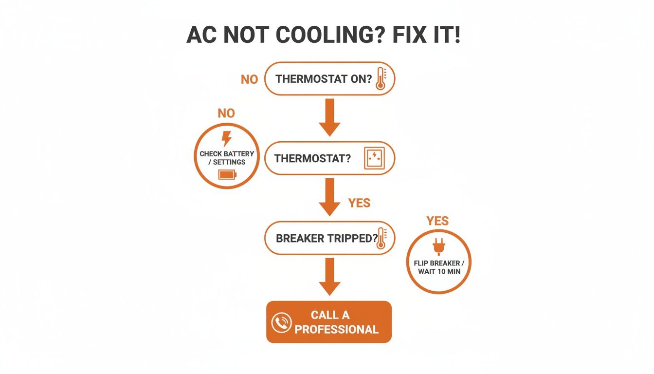 Flowchart guiding users through troubleshooting steps for an AC unit that is not cooling, including thermostat and breaker checks.