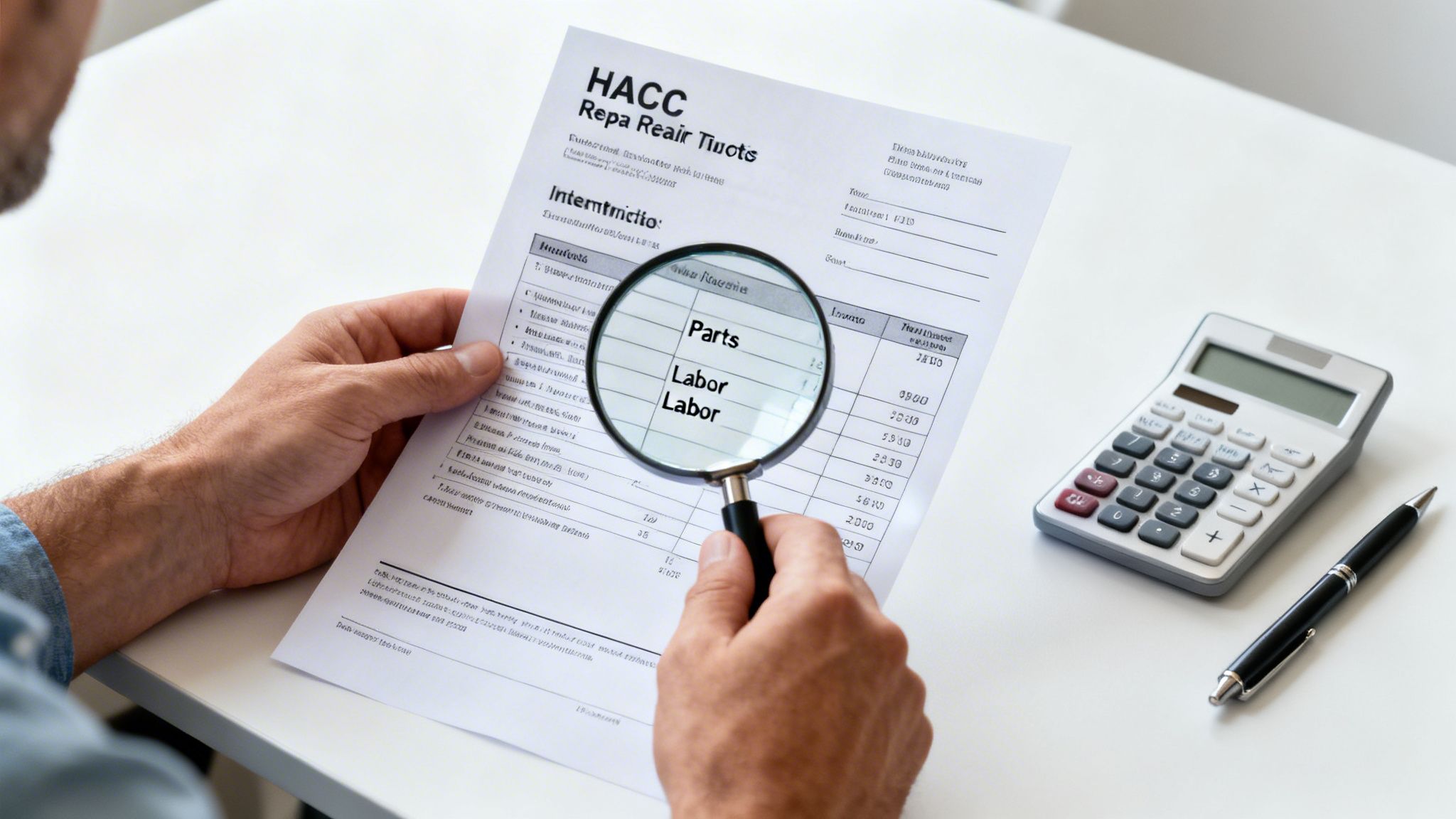 A person uses a magnifying glass to review a repair bill showing 'Parts' and 'Labor' costs.