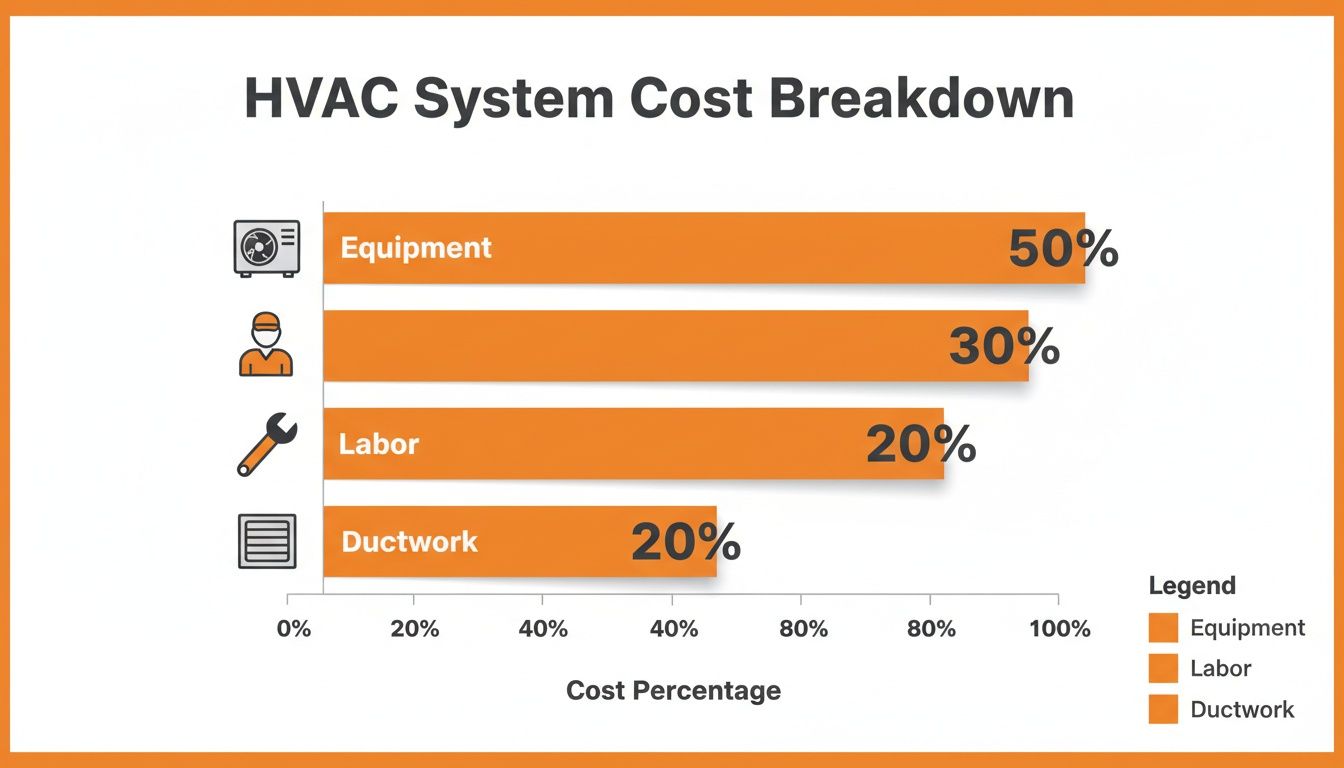 Horizontal bar chart showing HVAC system cost breakdown: Equipment 50%, Labor 30%, Labor 20%, Ductwork 20%.