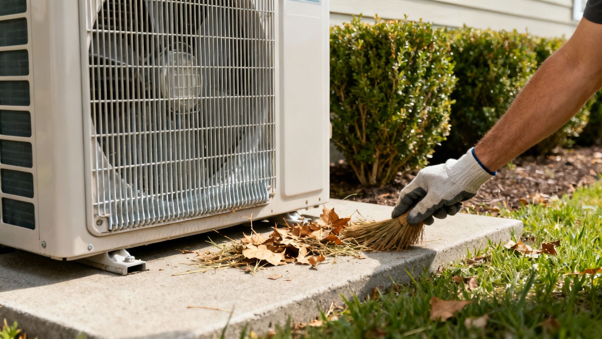 A person wearing gloves sweeps dry leaves and debris from around an outdoor AC unit.