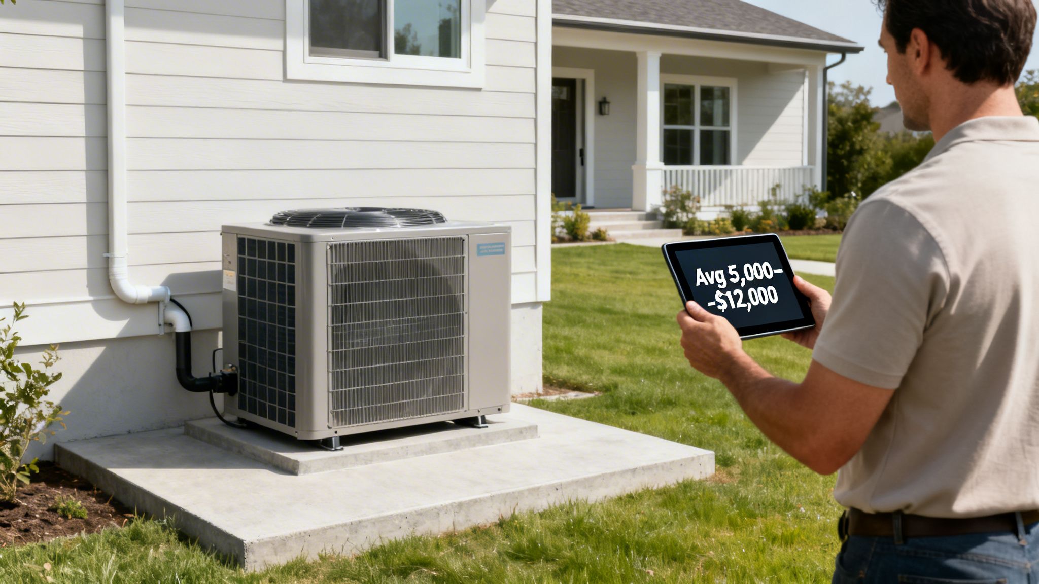 A man viewing HVAC replacement cost on a tablet next to an outdoor AC unit.