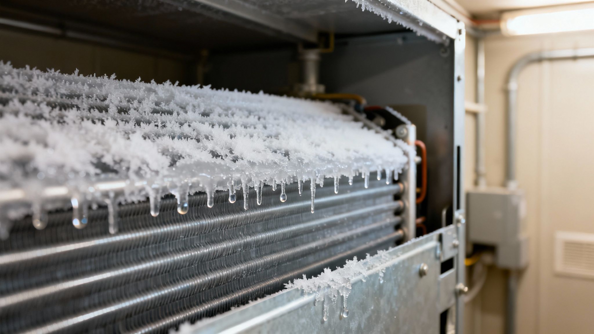 Close-up of a heavily frosted air conditioning unit coil with many icicles, indicating a malfunction.