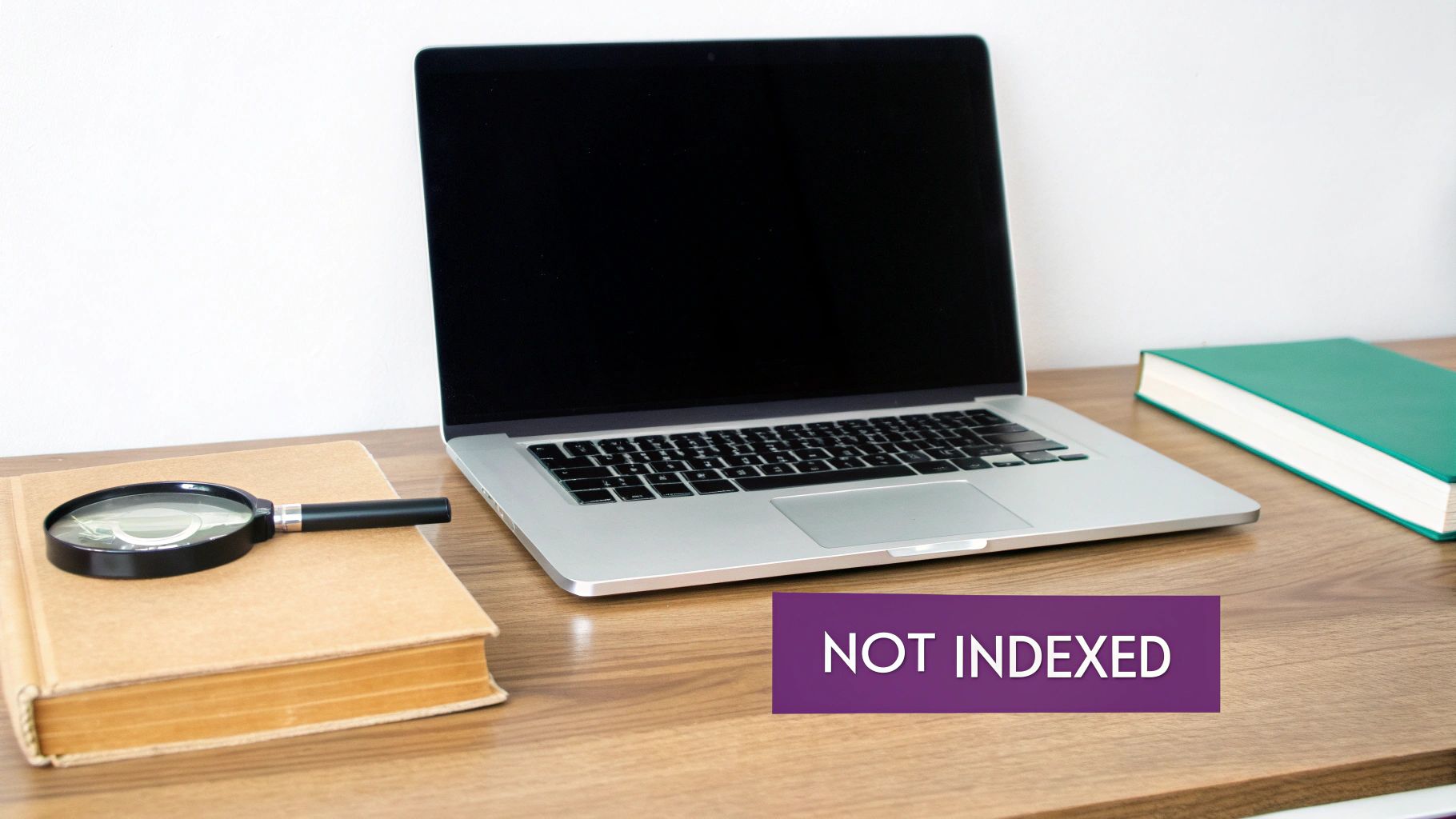 A desk with a laptop, book, magnifying glass, and a 'NOT INDEXED' banner.