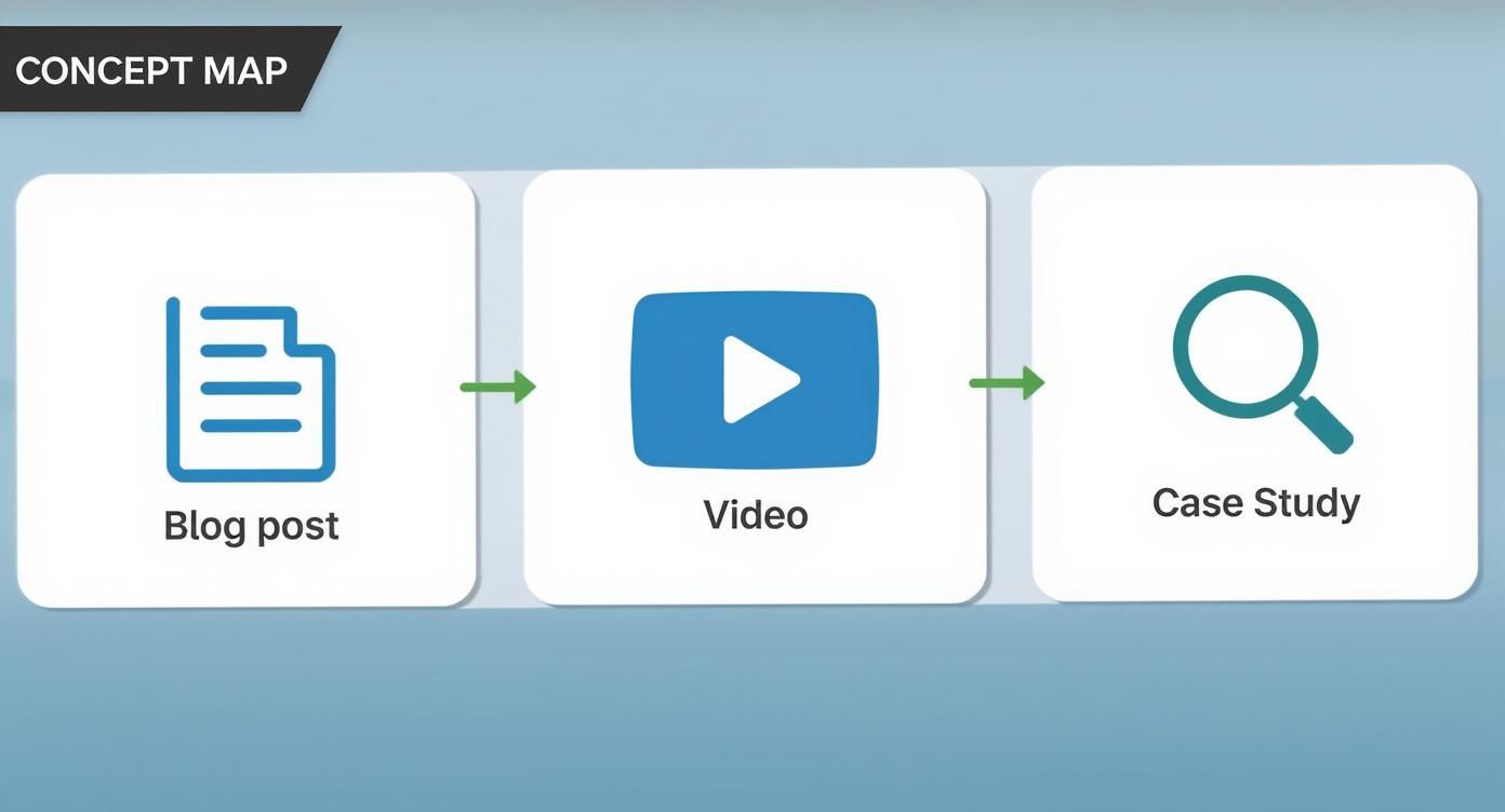 Infographic showing how a blog post, video, and case study connect to digital marketing channels.