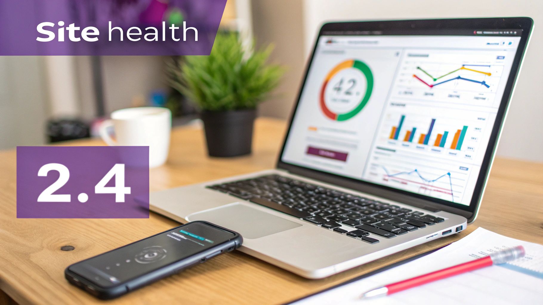 Laptop displaying site health data dashboards and graphs, with a smartphone and pen on a desk.