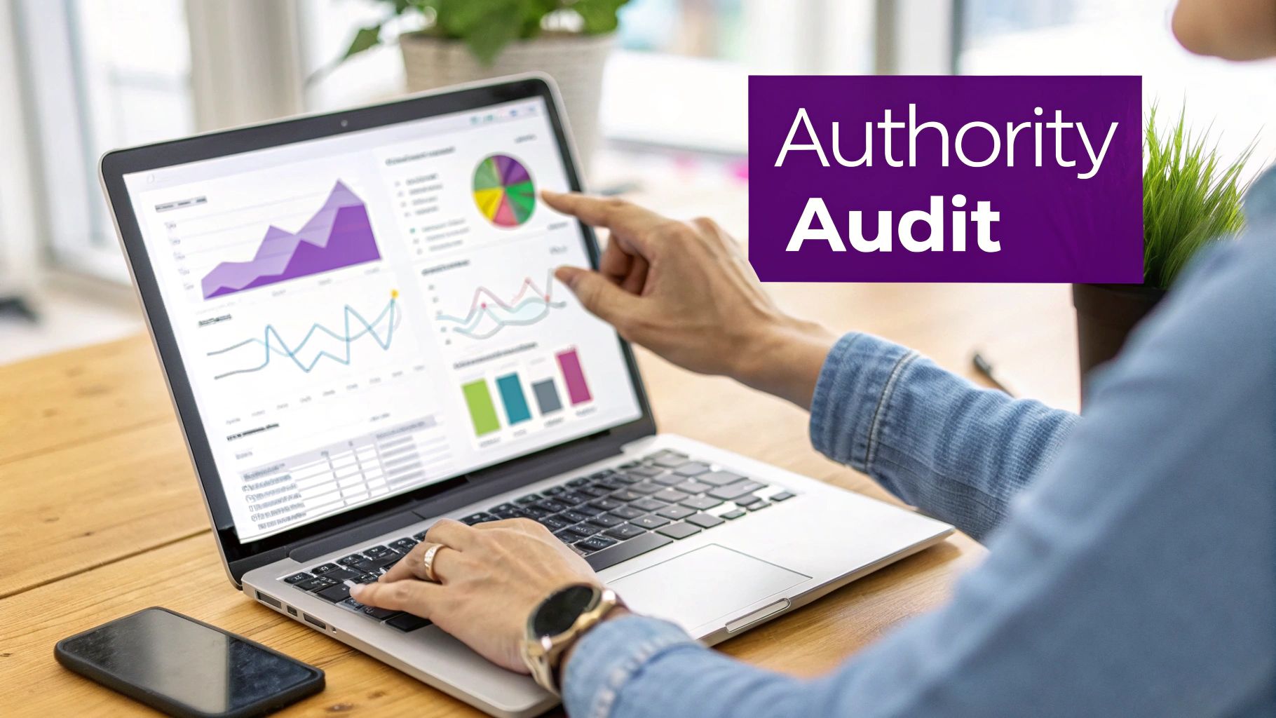 A person analyzing data on a laptop, with charts, graphs, and 'Authority Audit' text on screen.