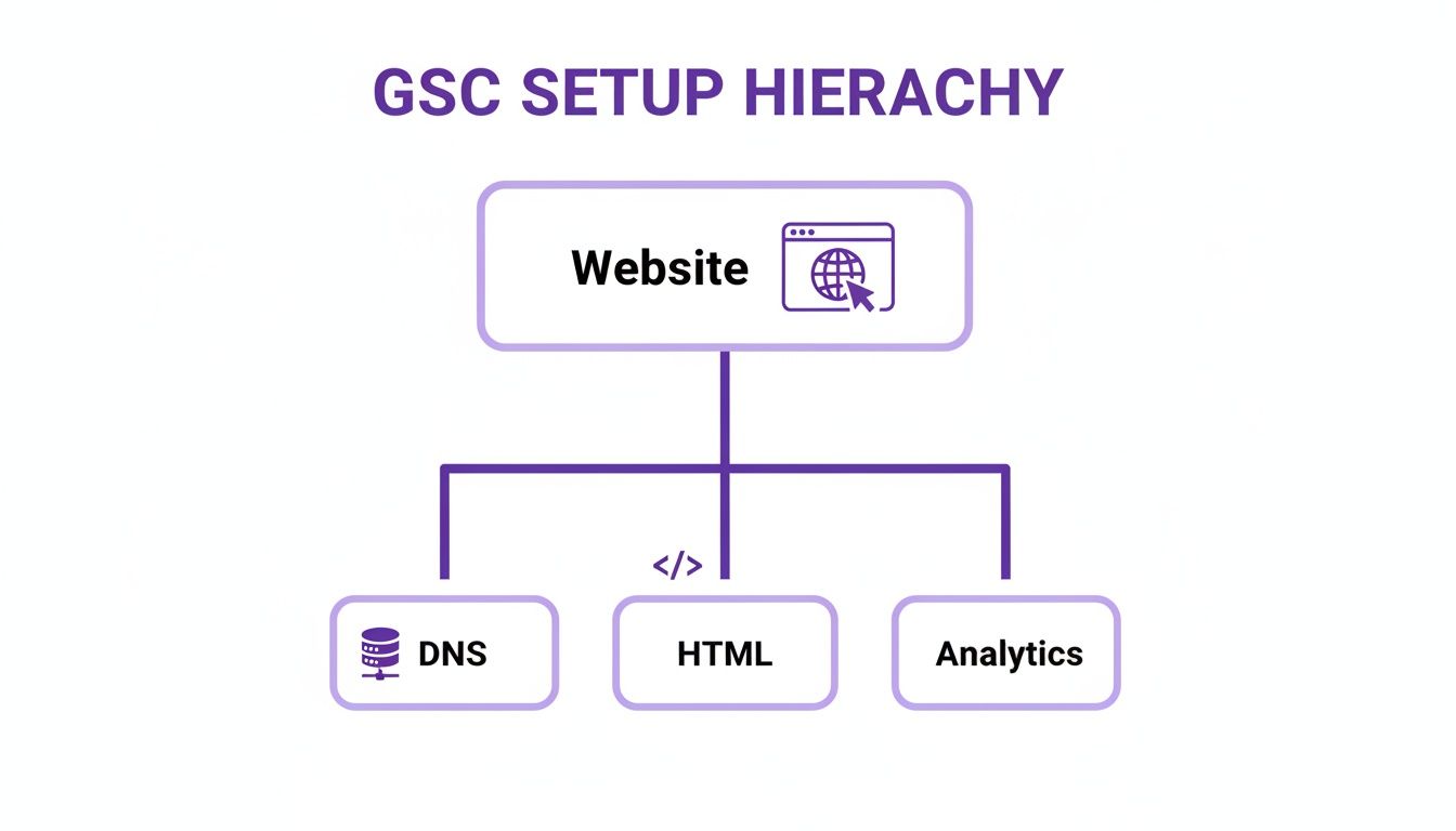 A diagram illustrating the GSC setup hierarchy for a website, showing DNS, HTML, and Analytics options.