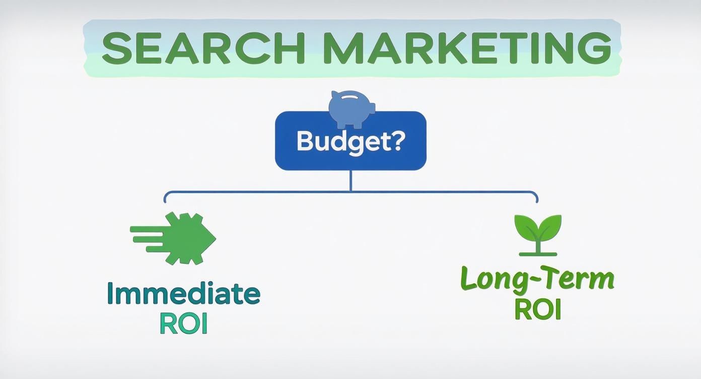 Infographic decision tree asking about budget and whether the business needs immediate or long-term ROI to decide between paid search and SEO.