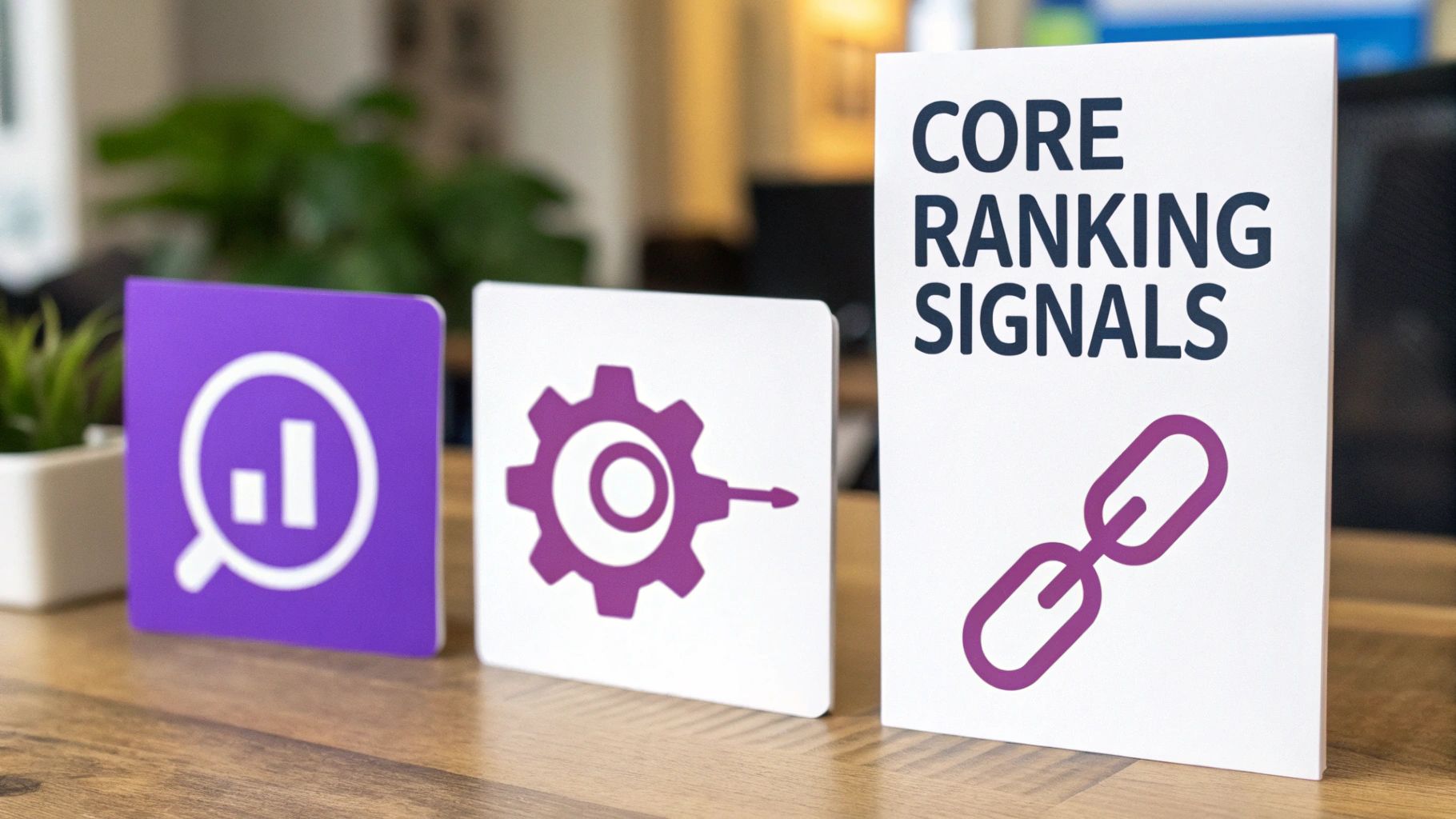 Three cards with SEO elements: search analytics, process optimization, and a 'CORE RANKING SIGNALS' card with a link.