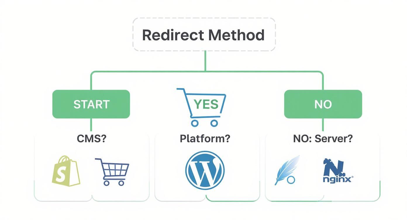 An infographic decision tree showing how to choose a redirect implementation method based on CMS (Shopify, WordPress) or server type (Apache, Nginx).
