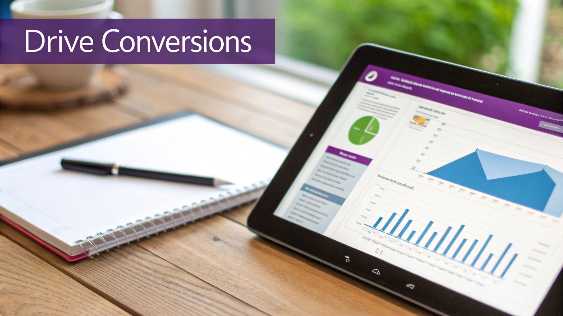 A tablet displaying digital marketing analytics with 'Drive Conversions' text overlay.