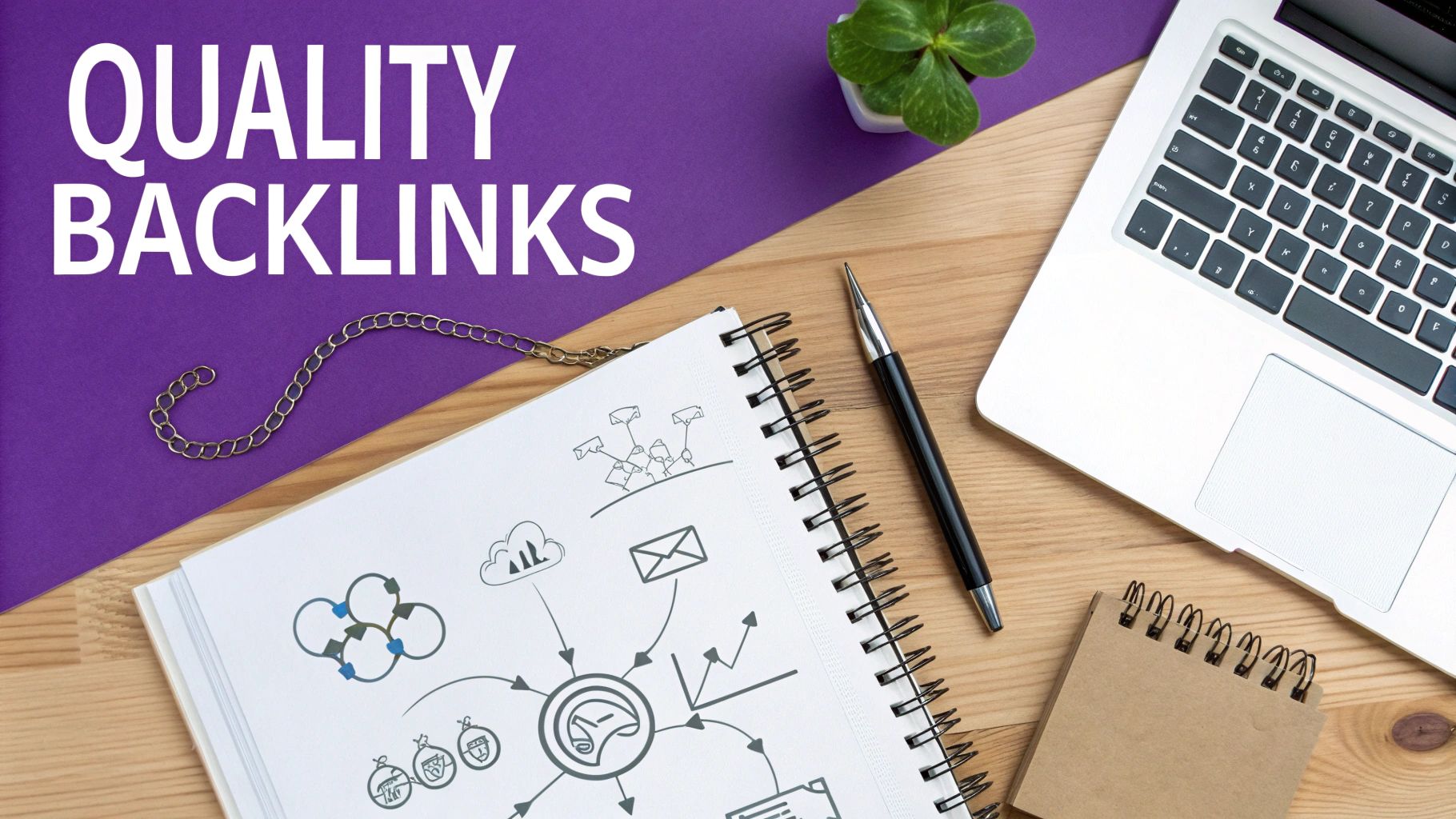 A flat lay of a desk with a laptop, notebook with SEO diagrams, pen, and 'QUALITY BACKLINKS' text.