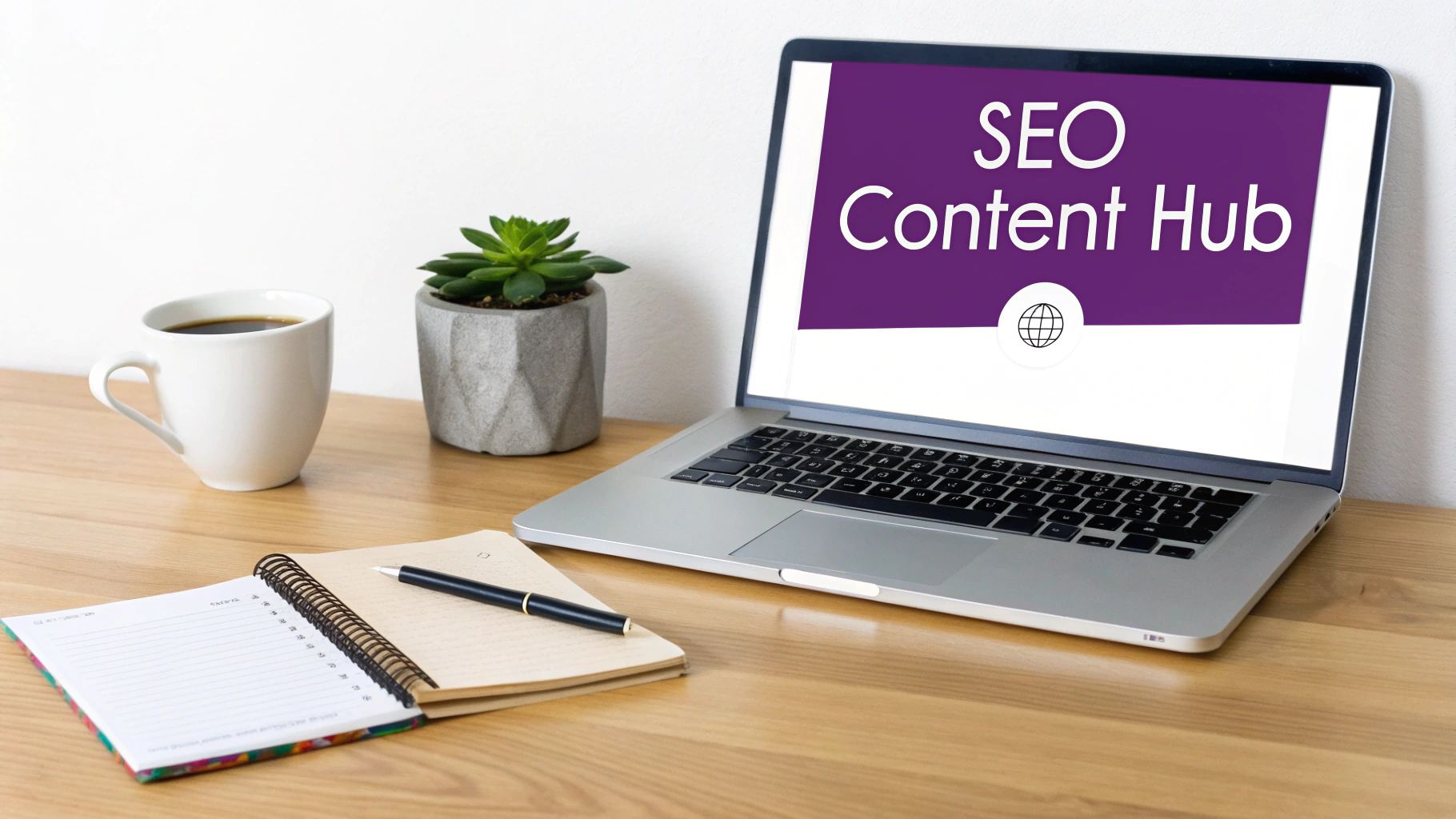A laptop displaying "SEO Content Hub", a coffee, a plant, and a notebook on a wooden desk.