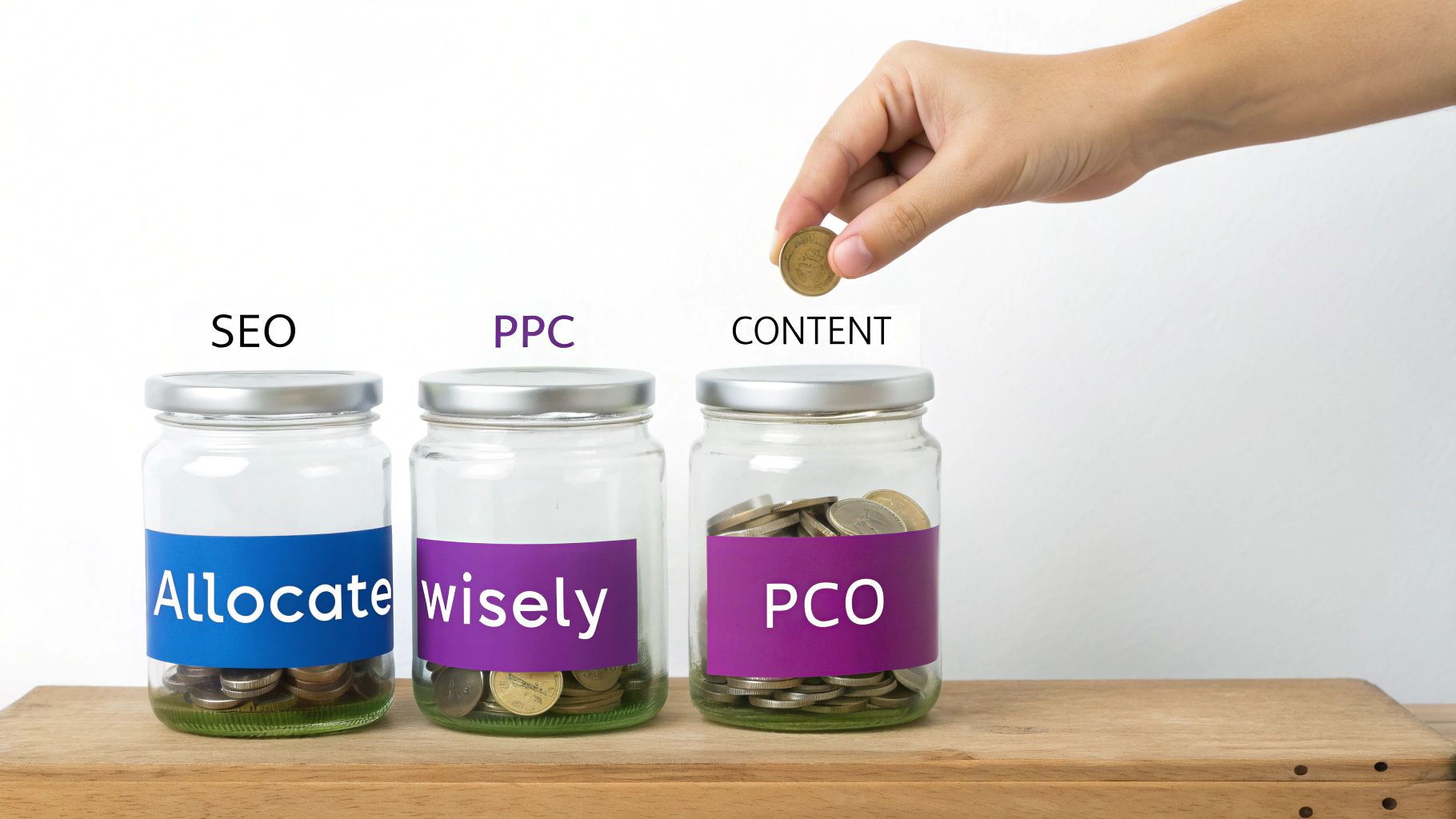 A hand puts a coin into a 'CONTENT' jar, next to 'SEO' and 'PPC' jars, symbolizing marketing budget allocation.