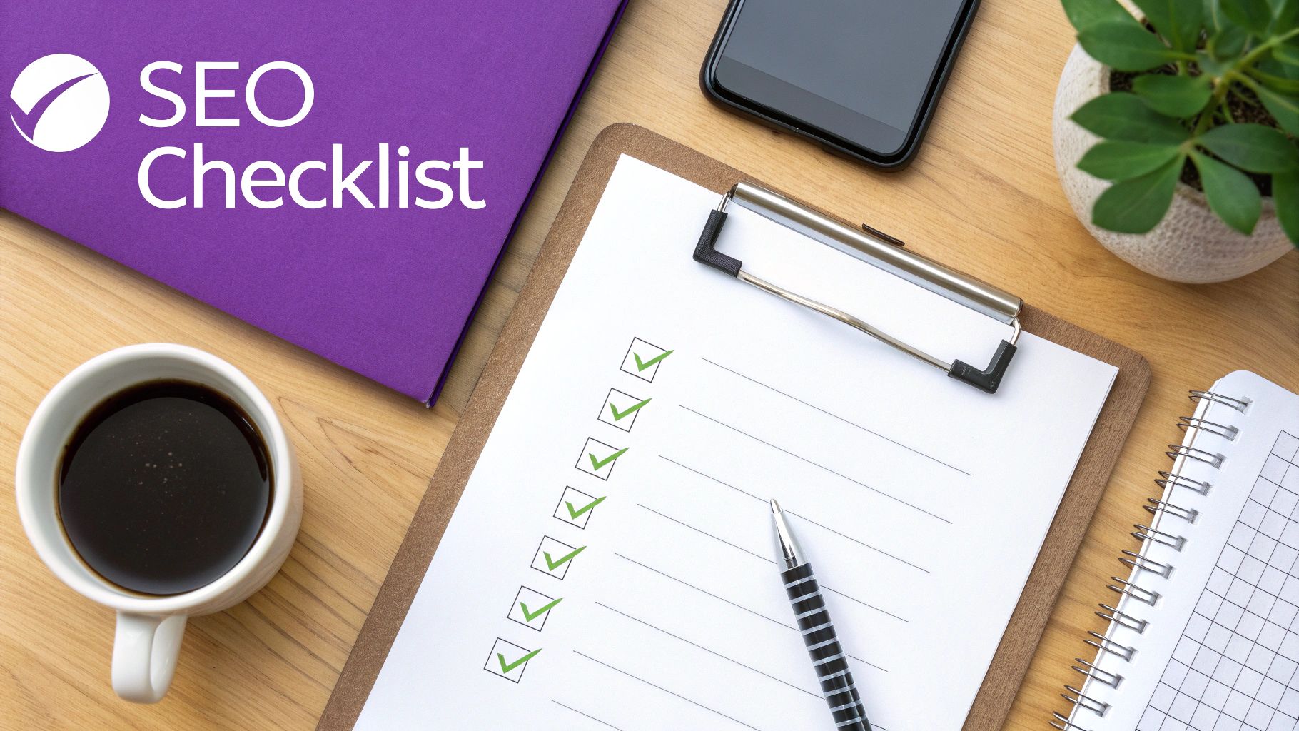 Overhead view of an SEO checklist on a purple folder, coffee, phone, and clipboard on a desk.