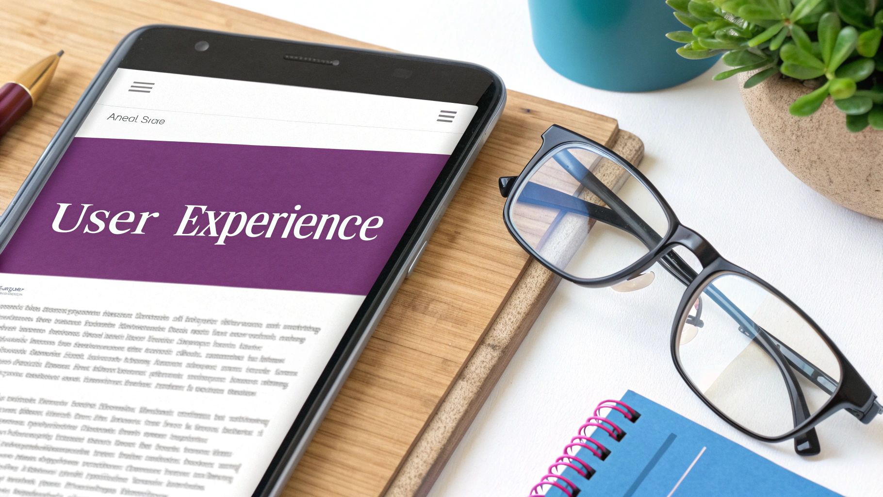 Smartphone displaying 'User Experience' text, glasses, and notebook on a wooden desk, symbolizing digital work.