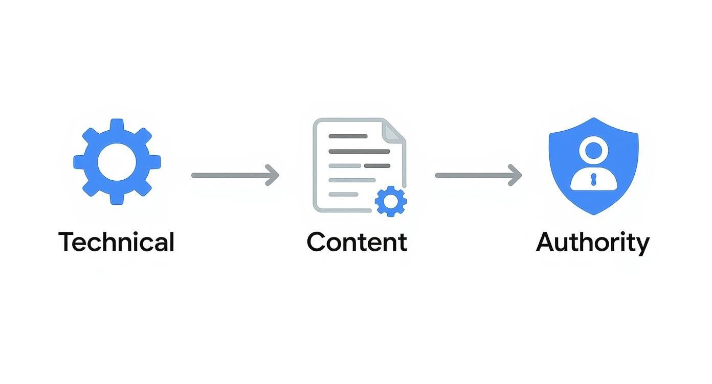 Flowchart illustrating how technical optimization and quality content build authority.