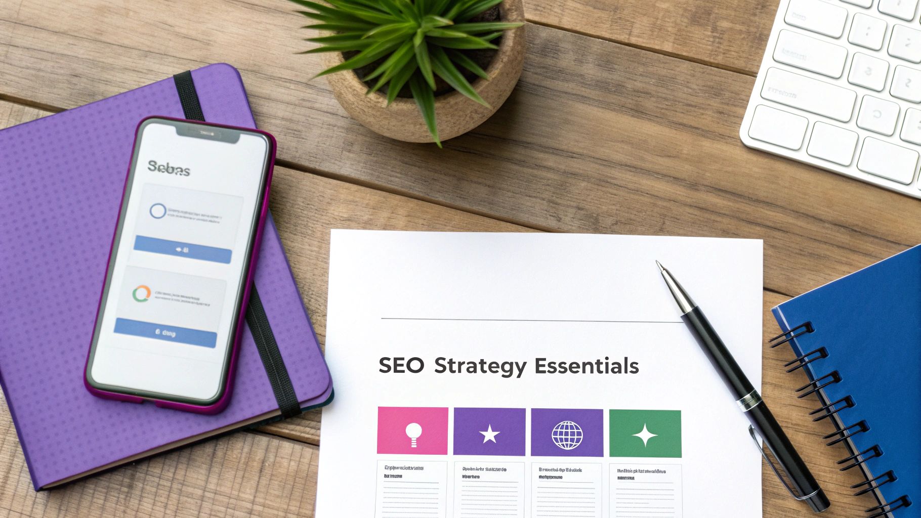Flat lay of a wooden desk with a document titled 'SEO Strategy Essentials,' a smartphone, notebooks, pen, and keyboard.