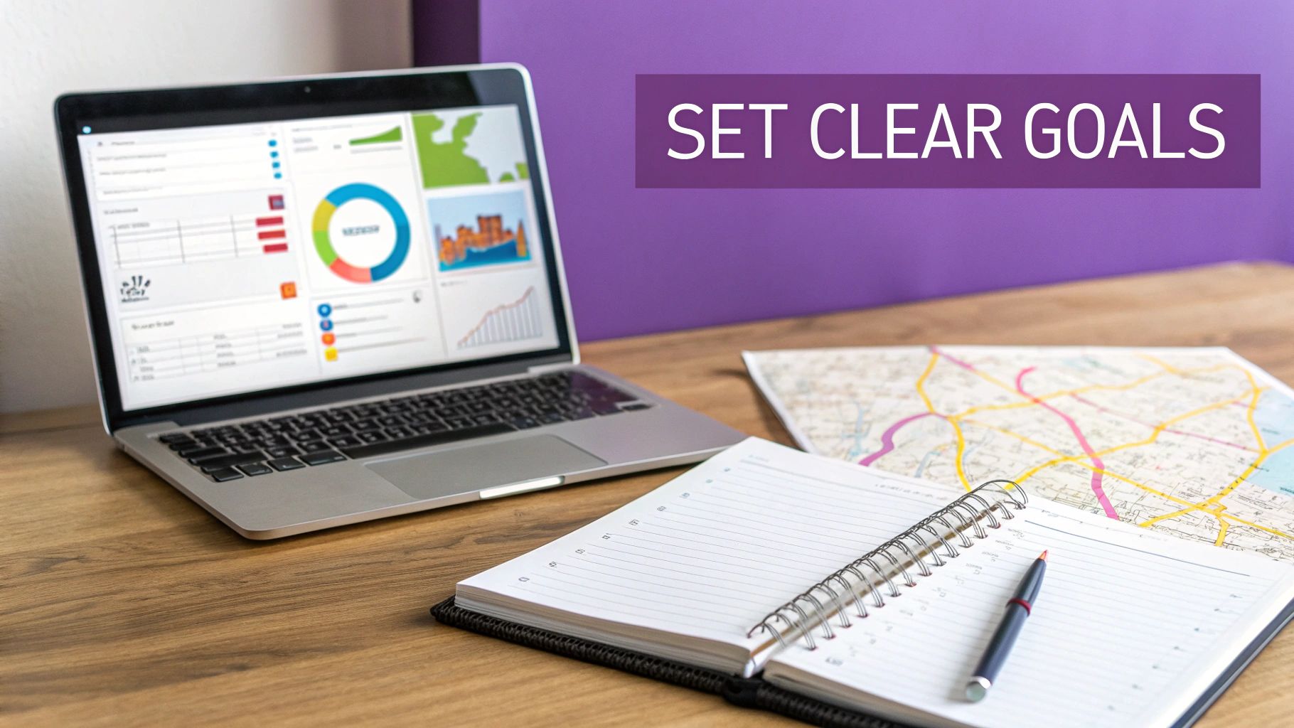 A laptop displaying business analytics, an open notebook, pen, and map on a desk with 'SET CLEAR GOALS' text.