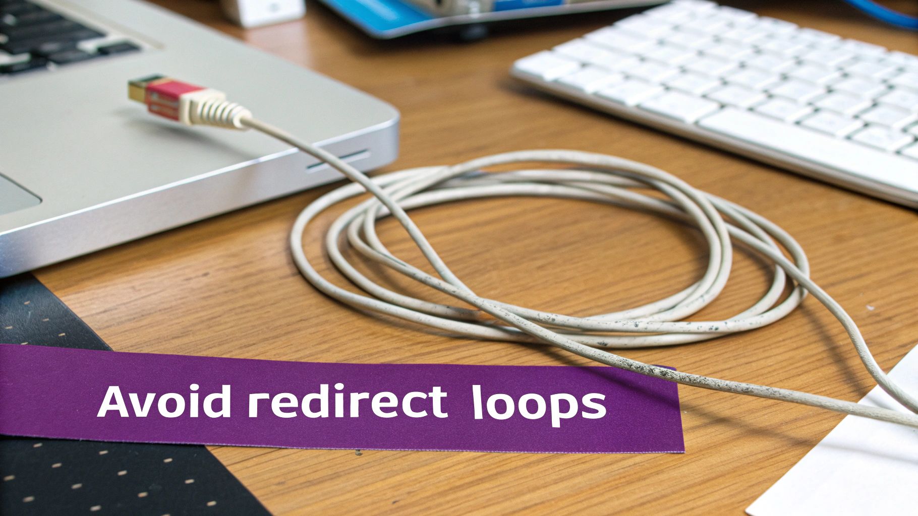 An illustration showing a tangled and broken path representing redirect chains and loops, with a clear, direct path as the correct alternative.