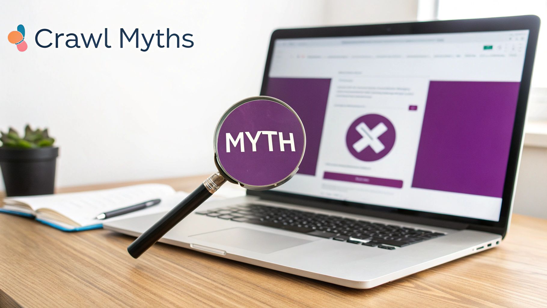 Magnifying glass revealing myth word on laptop screen displaying crawl myths website concept